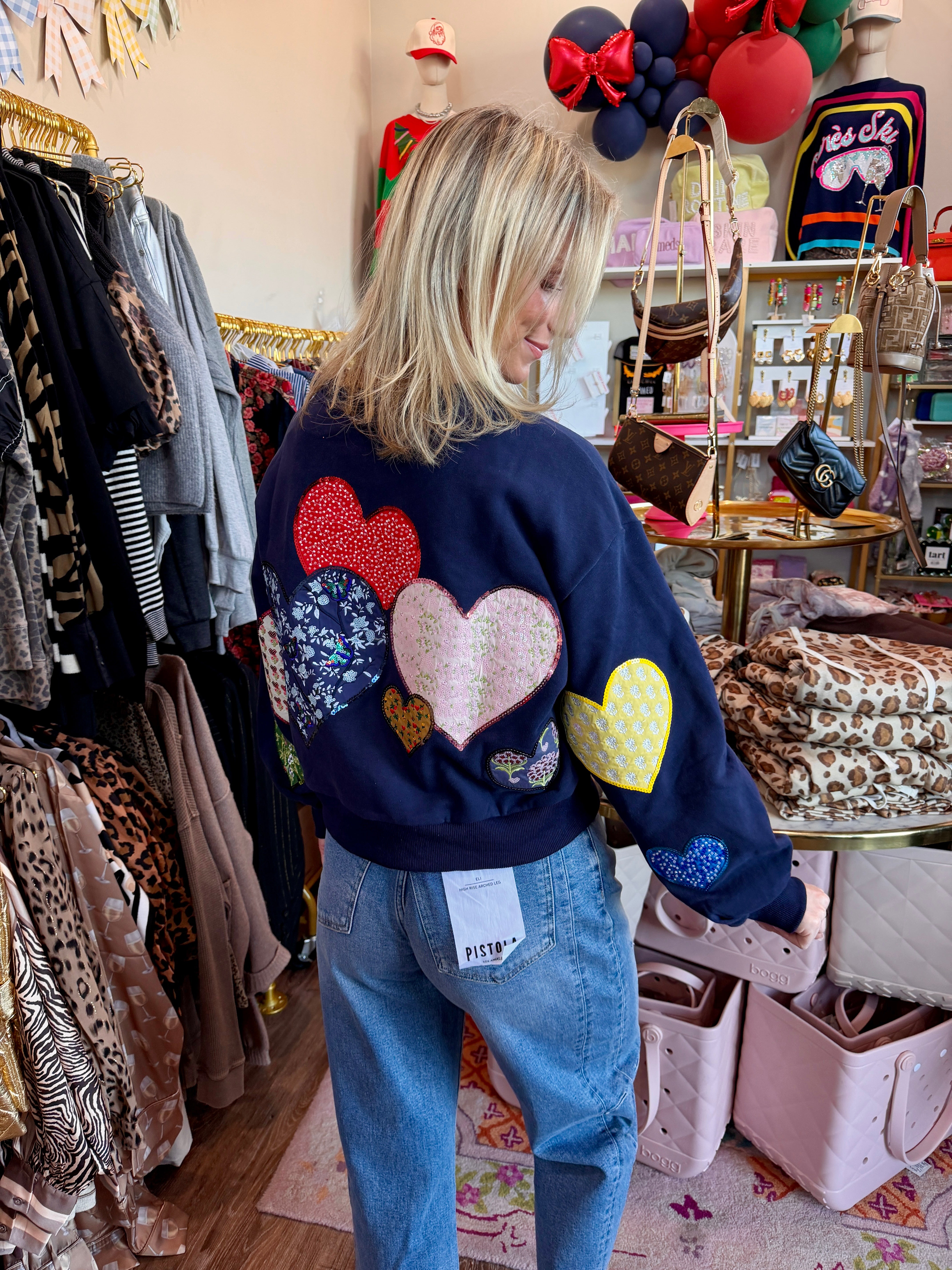 Navy Multi Embroidered Hearts Sweatshirt - Queen Of Sparkles