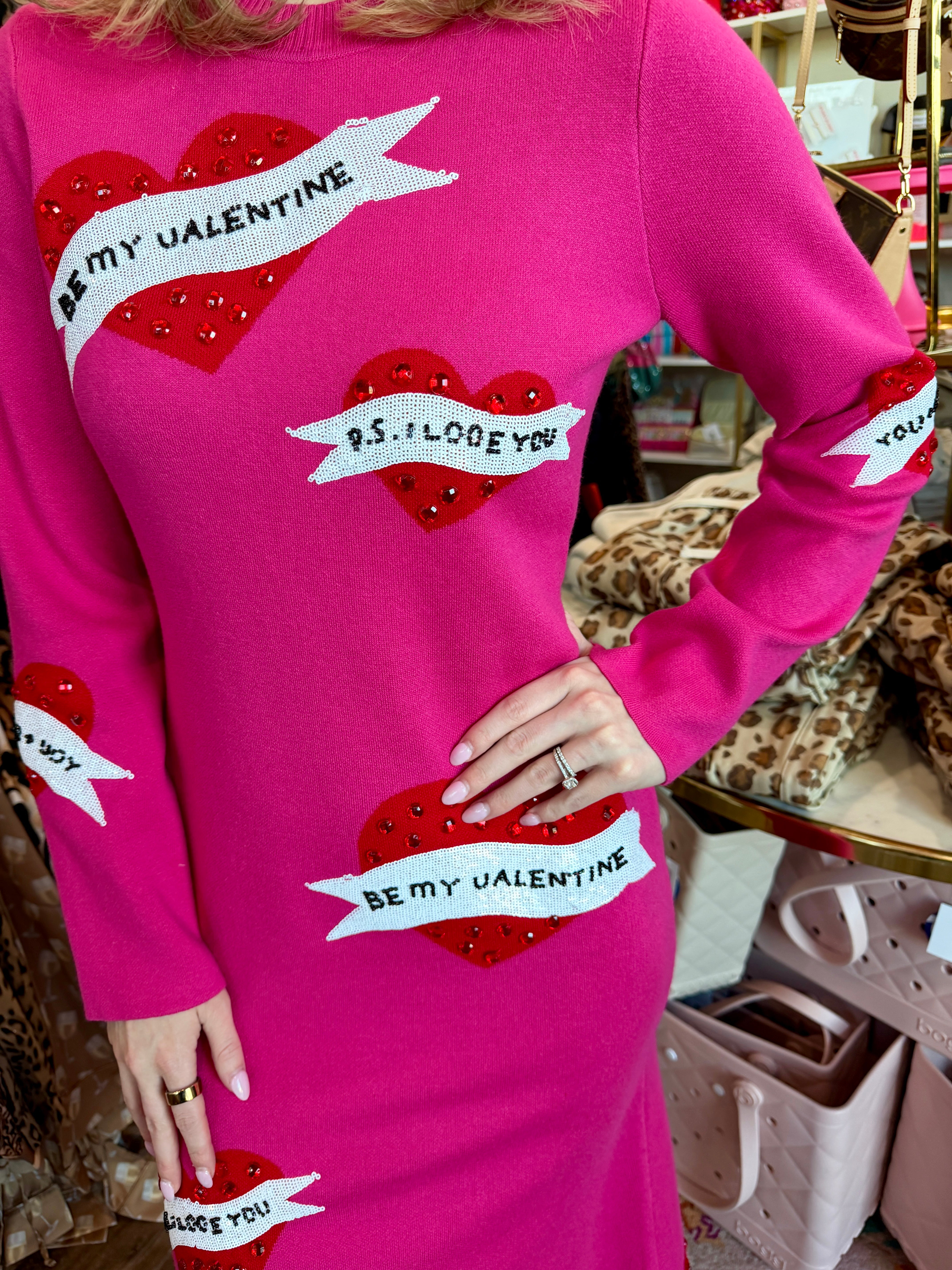 Hot Pink Jeweled Valentines Day Saying on Heart Knit Midi Dress - Queen Of Sparkles