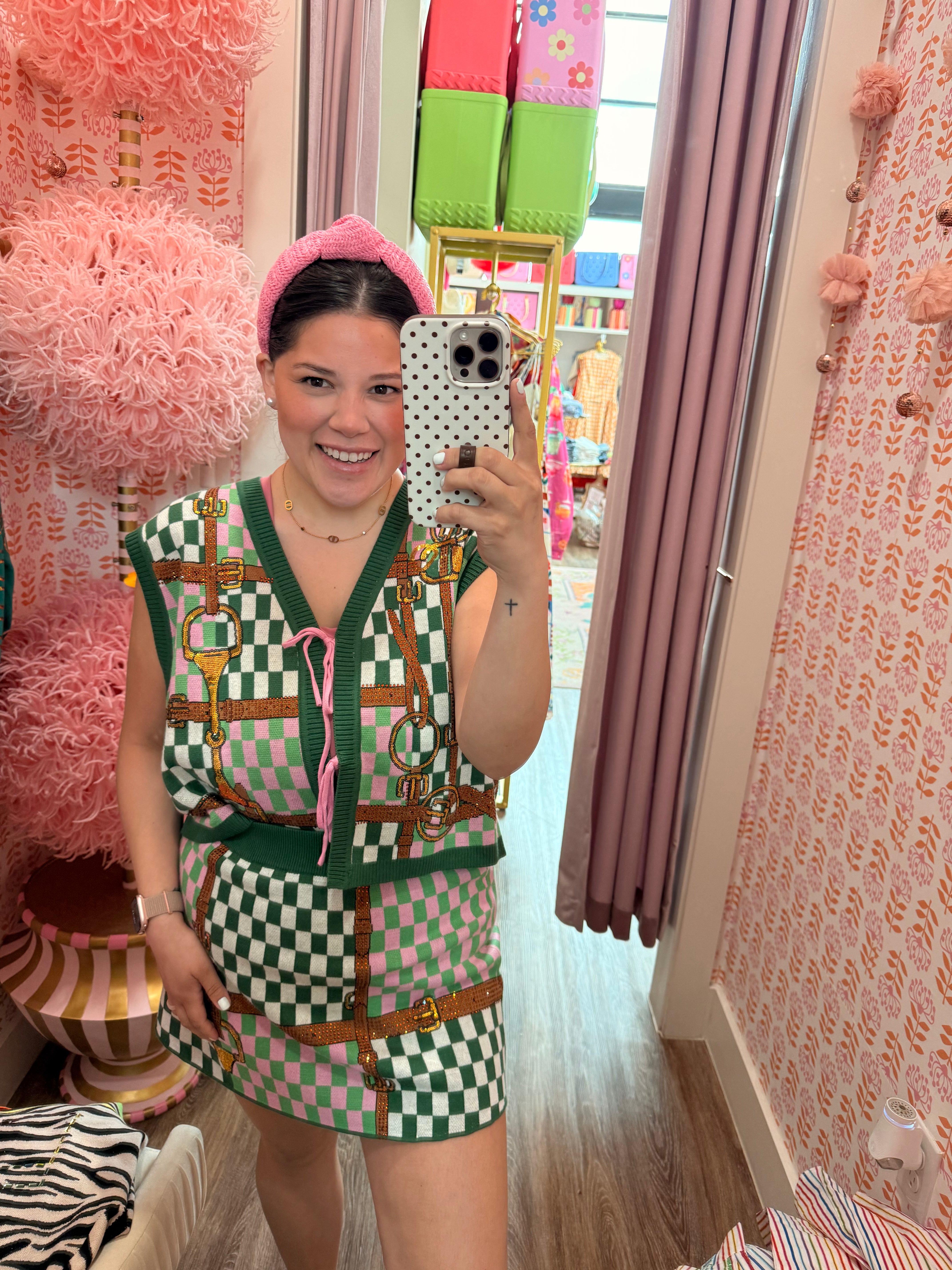 Colorblock Checkered Horse Bit Tie Up Knit Tank - Queen Of Sparkles