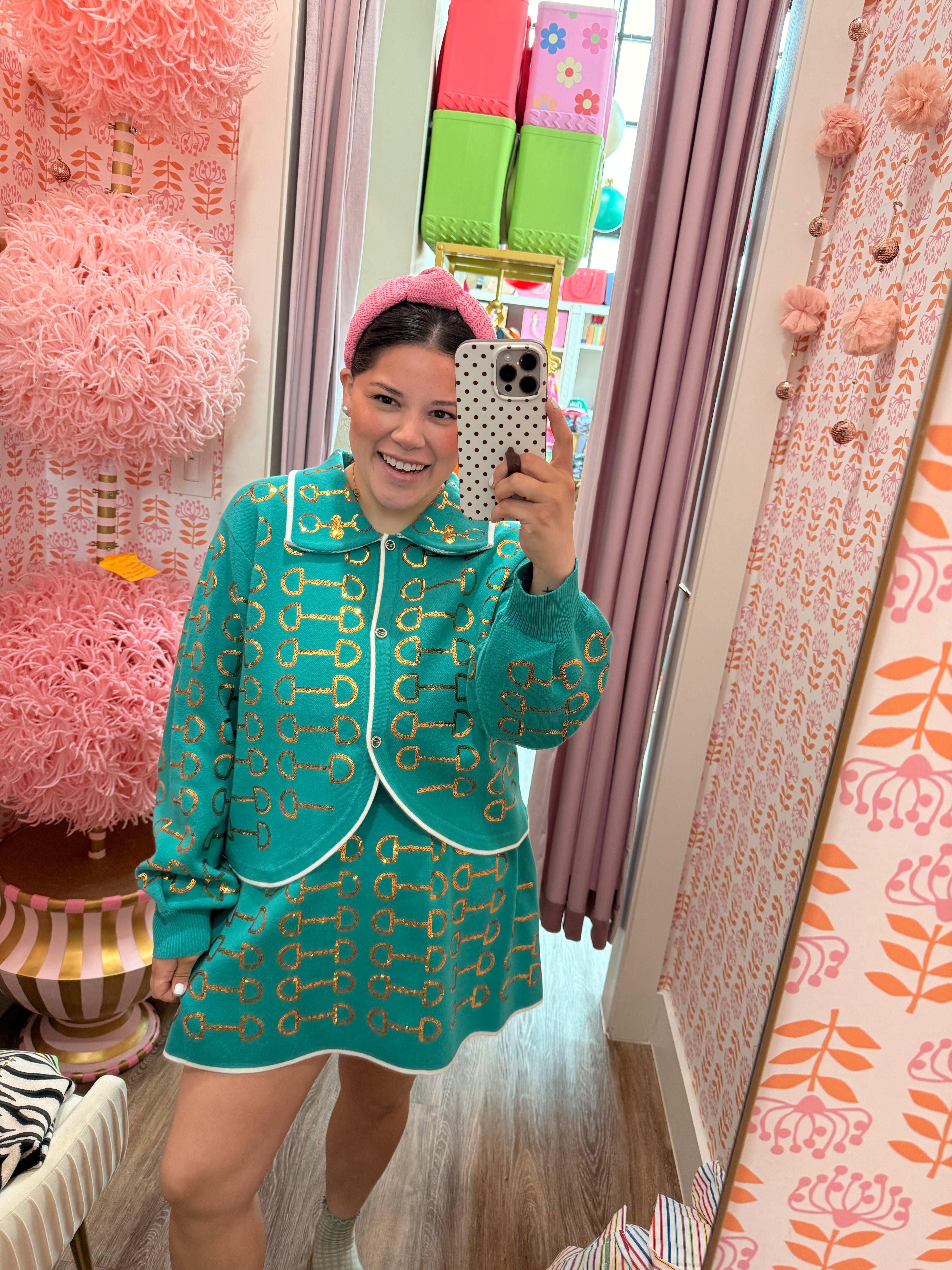 Mint & Gold Horse Bit Button Up Knit Collar Sweater - Queen Of Sparkles