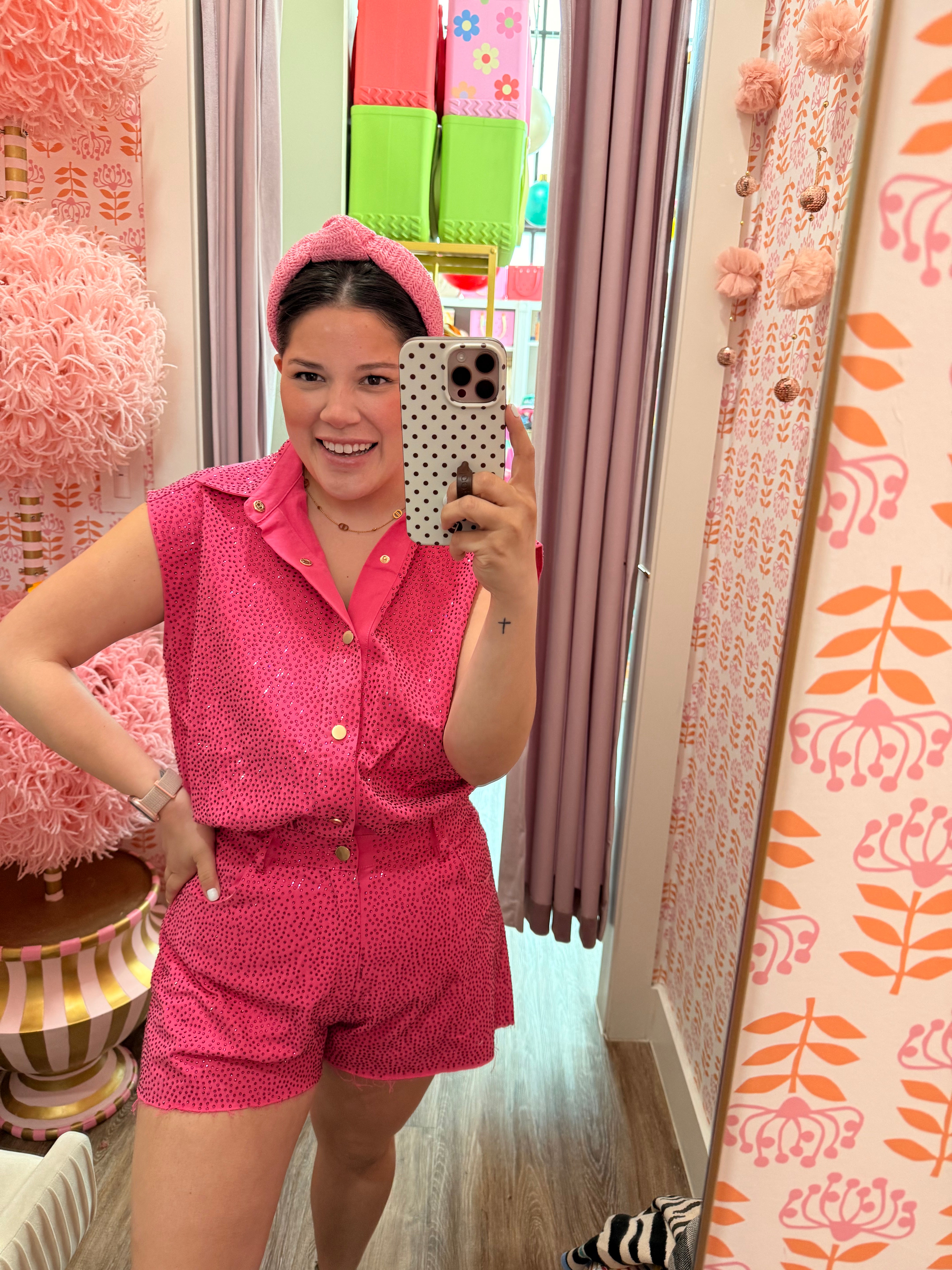 Hot Pink Rhinestone Button Up Romper - Queen Of Sparkles