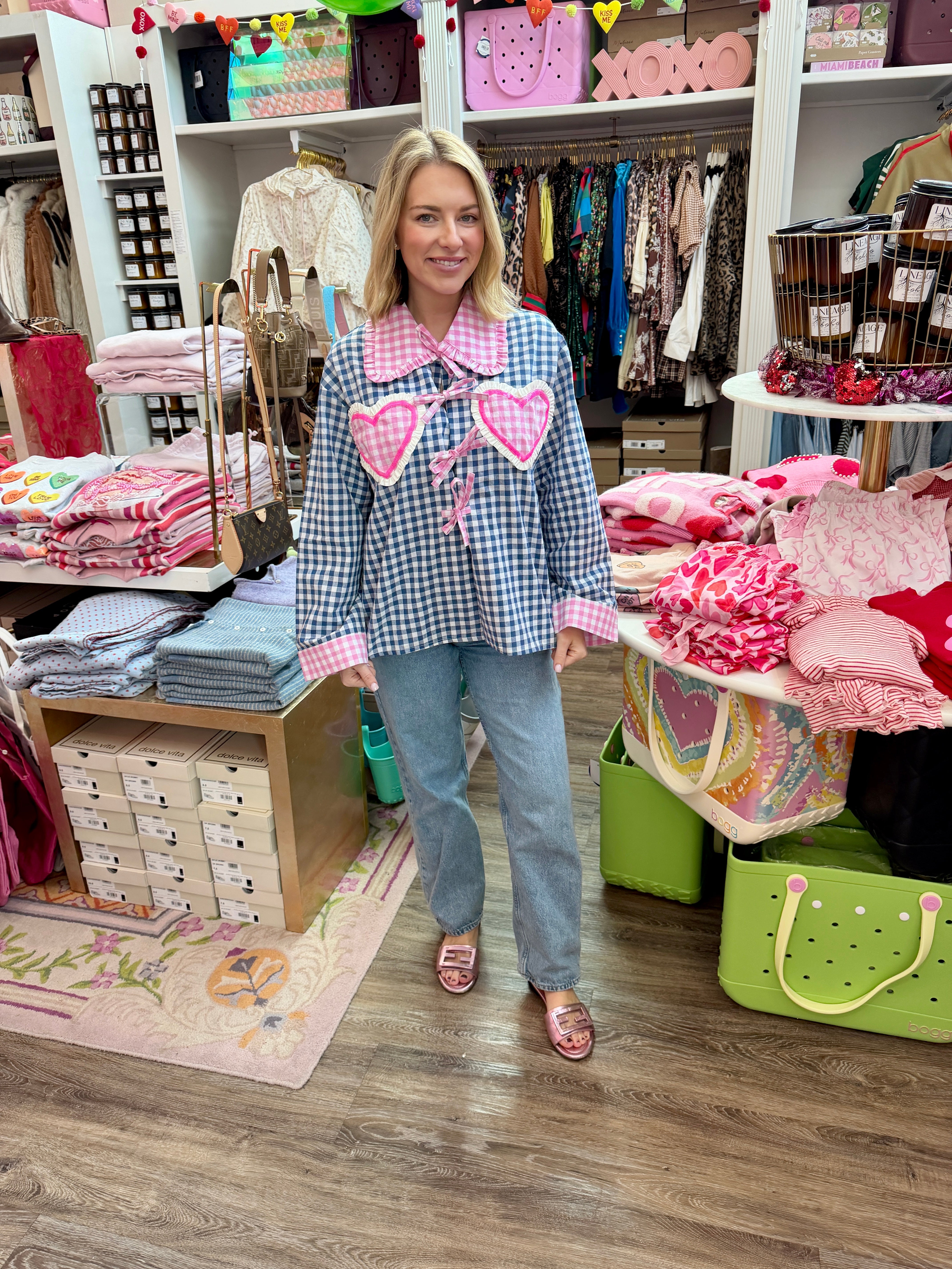 Navy & Pink Gingham Tie Heart Cotton Collar Top- Queen Of Sparkles