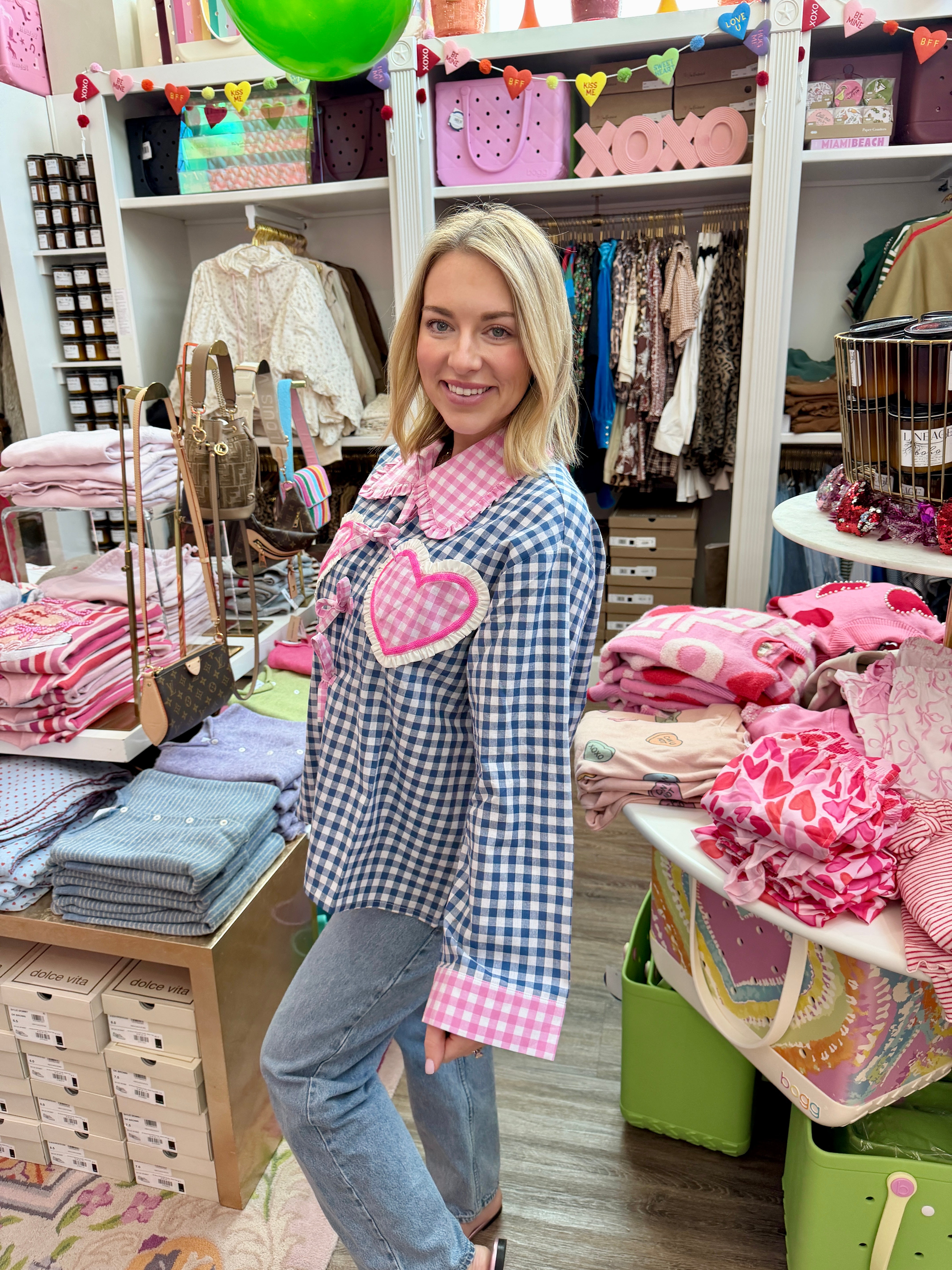 Navy & Pink Gingham Tie Heart Cotton Collar Top- Queen Of Sparkles