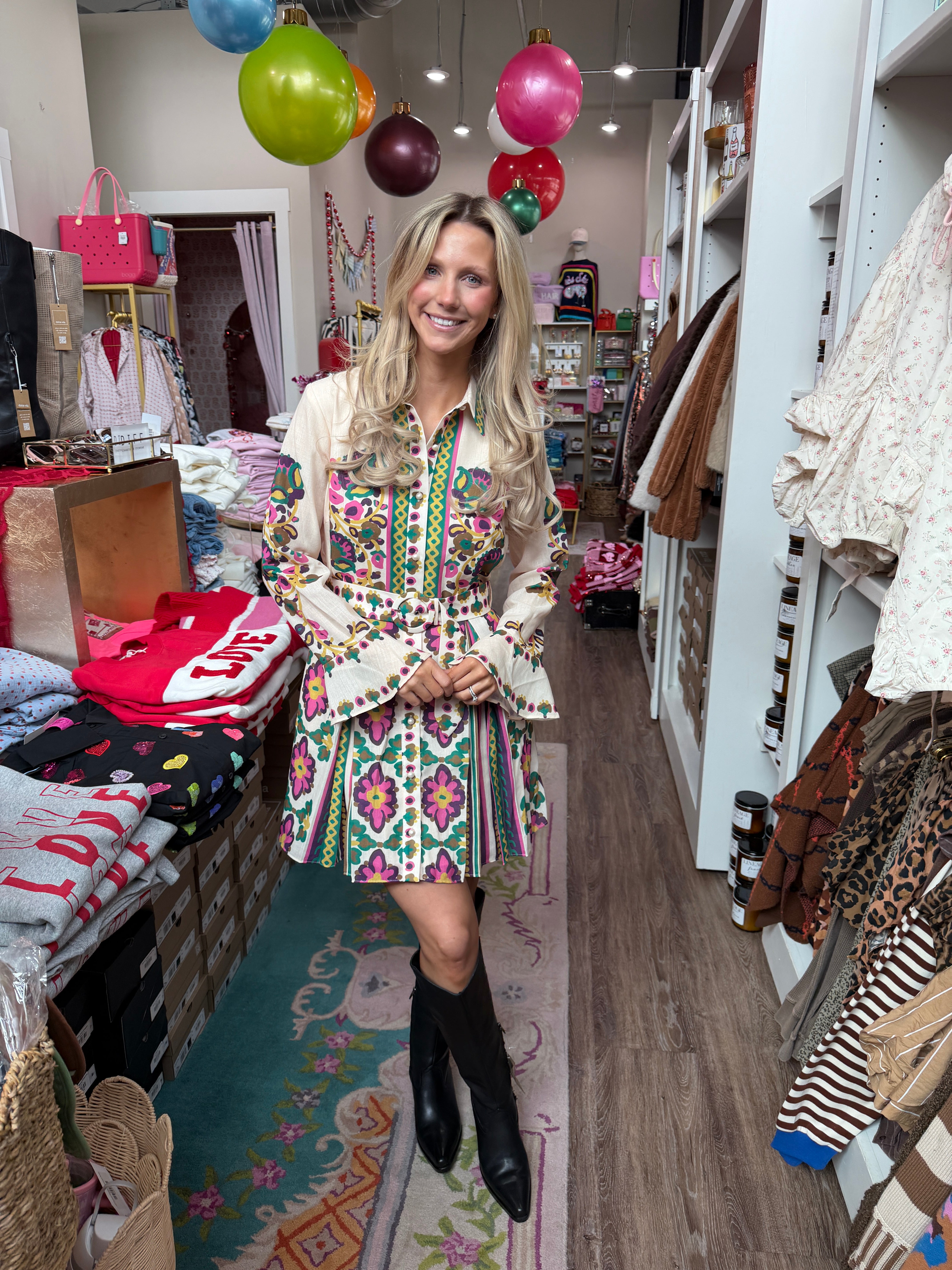 Printed Mini Shirt Dress with Pleats