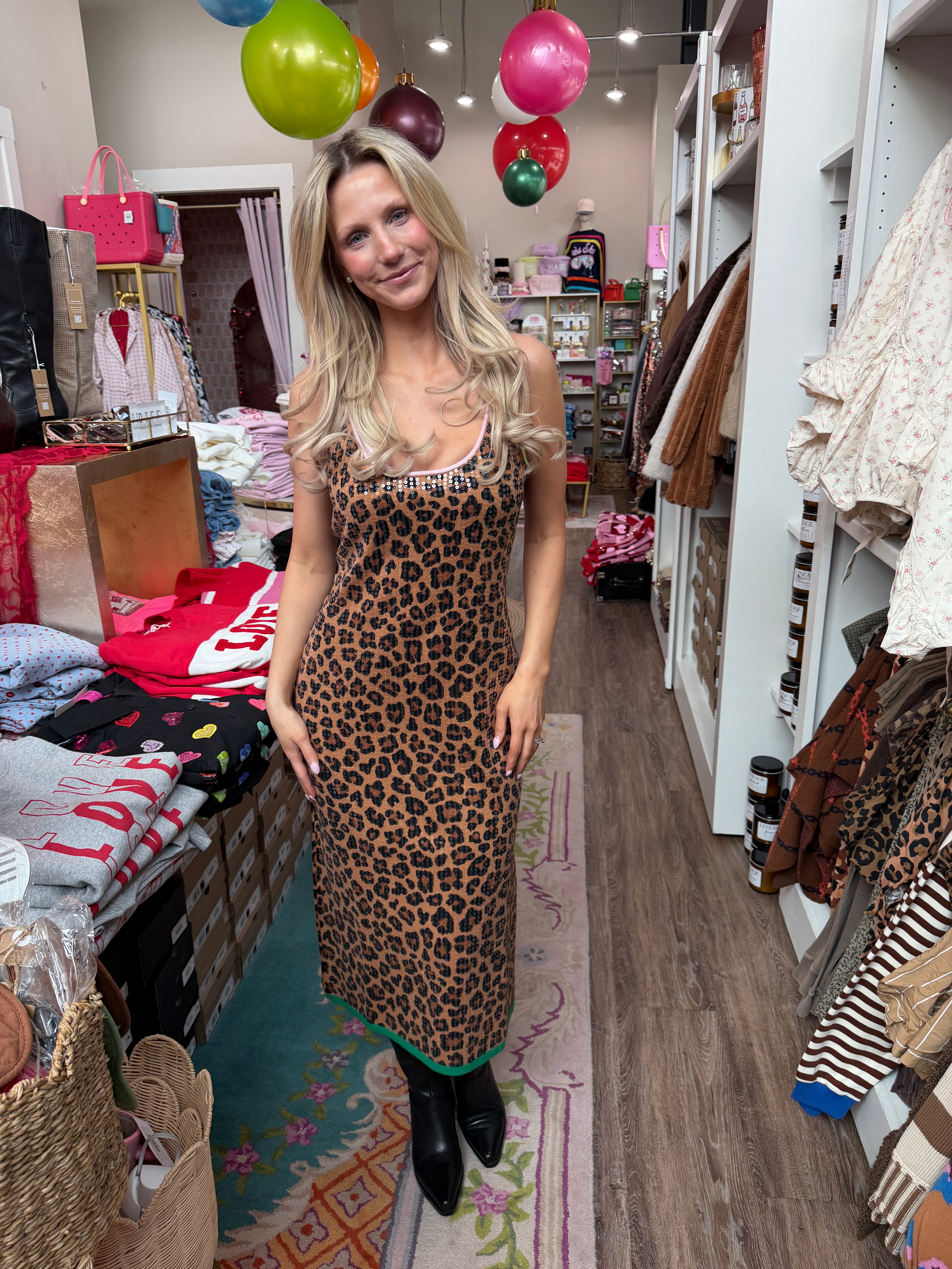 Sequin Leopard Knit Midi Dress- QOS