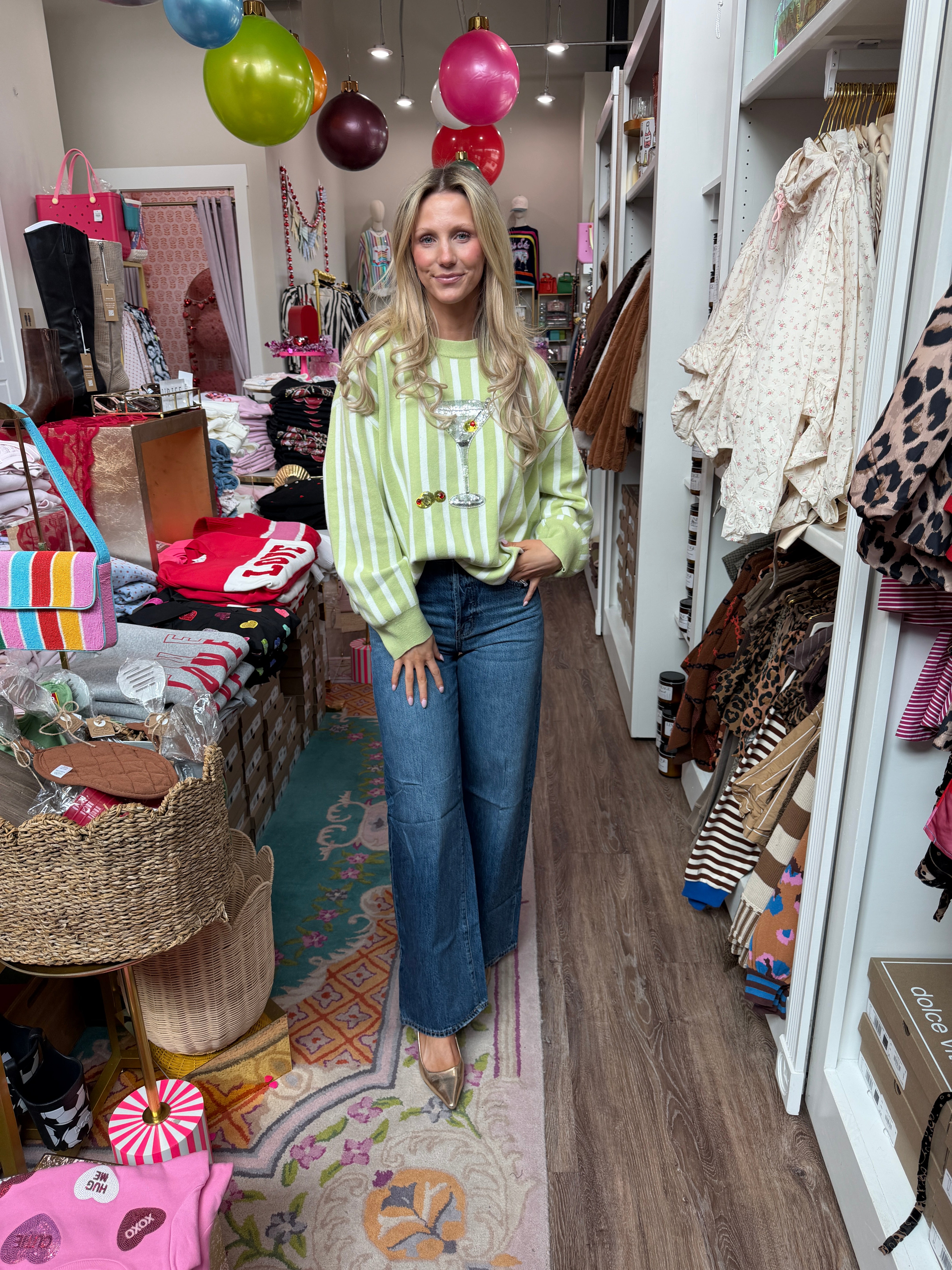 Olive Green & White Stripe Martini Sweater- QOS