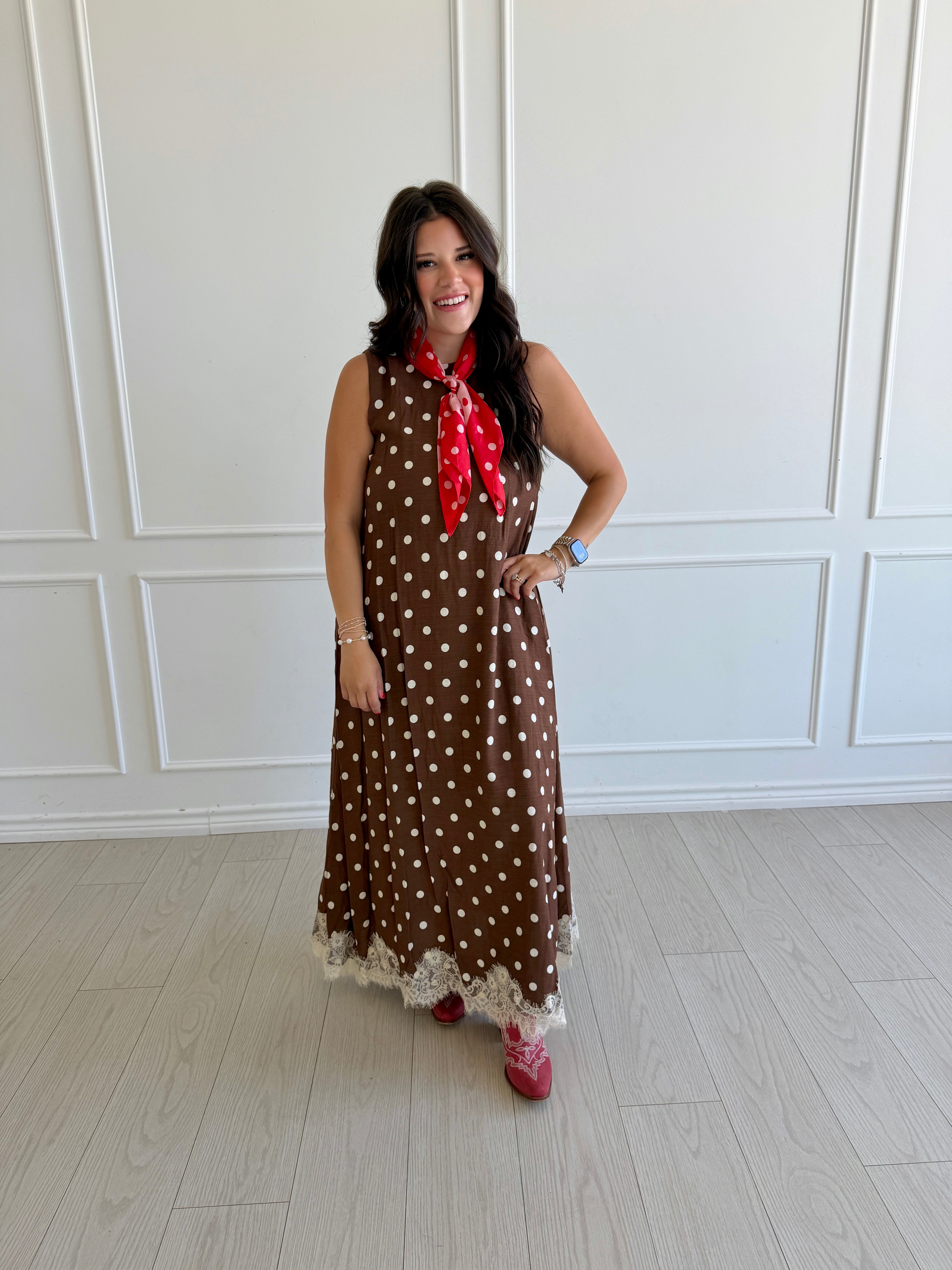 Brown and White Polka Dot Lace Trimmed Dress