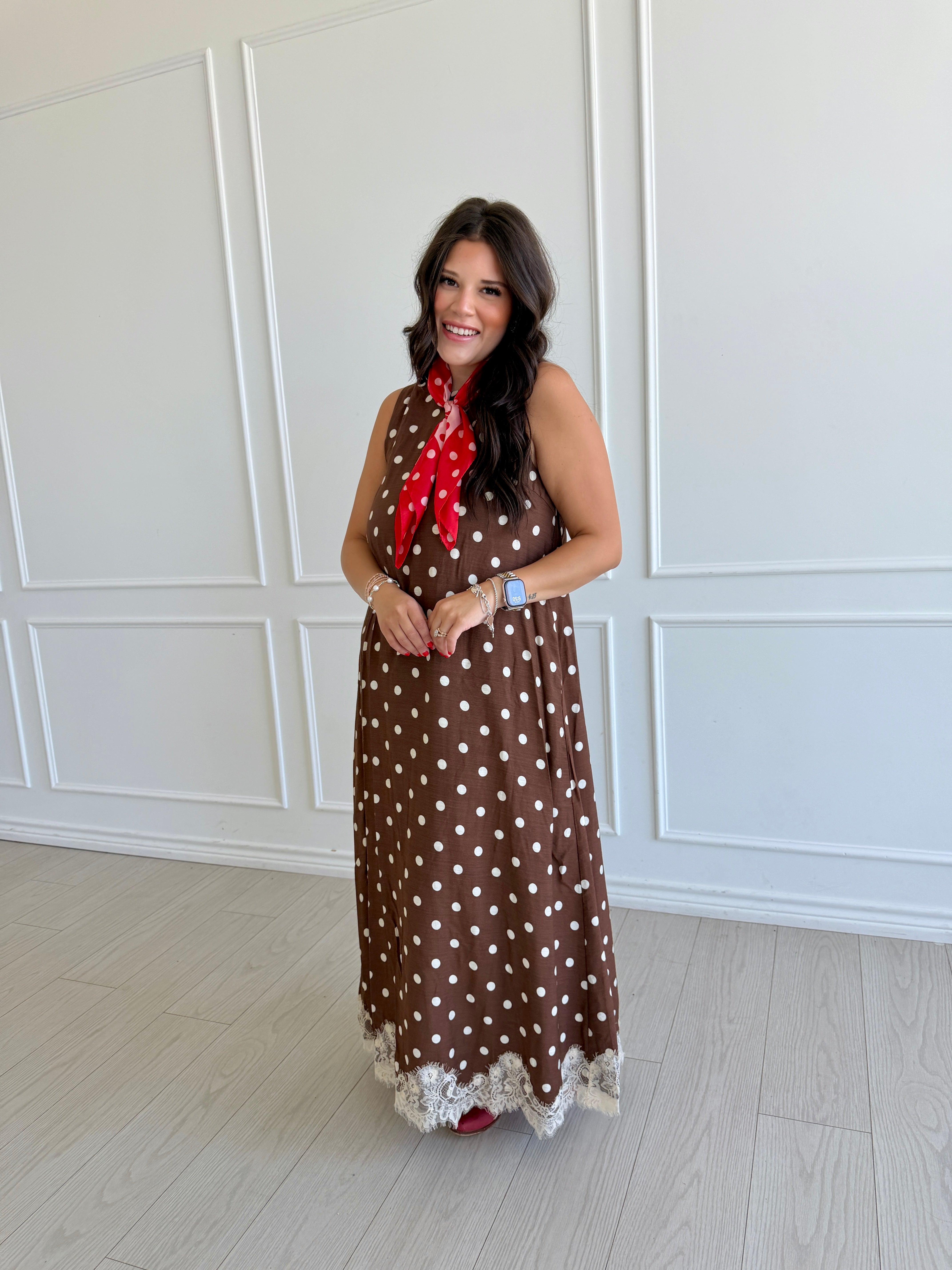 Brown and White Polka Dot Lace Trimmed Dress