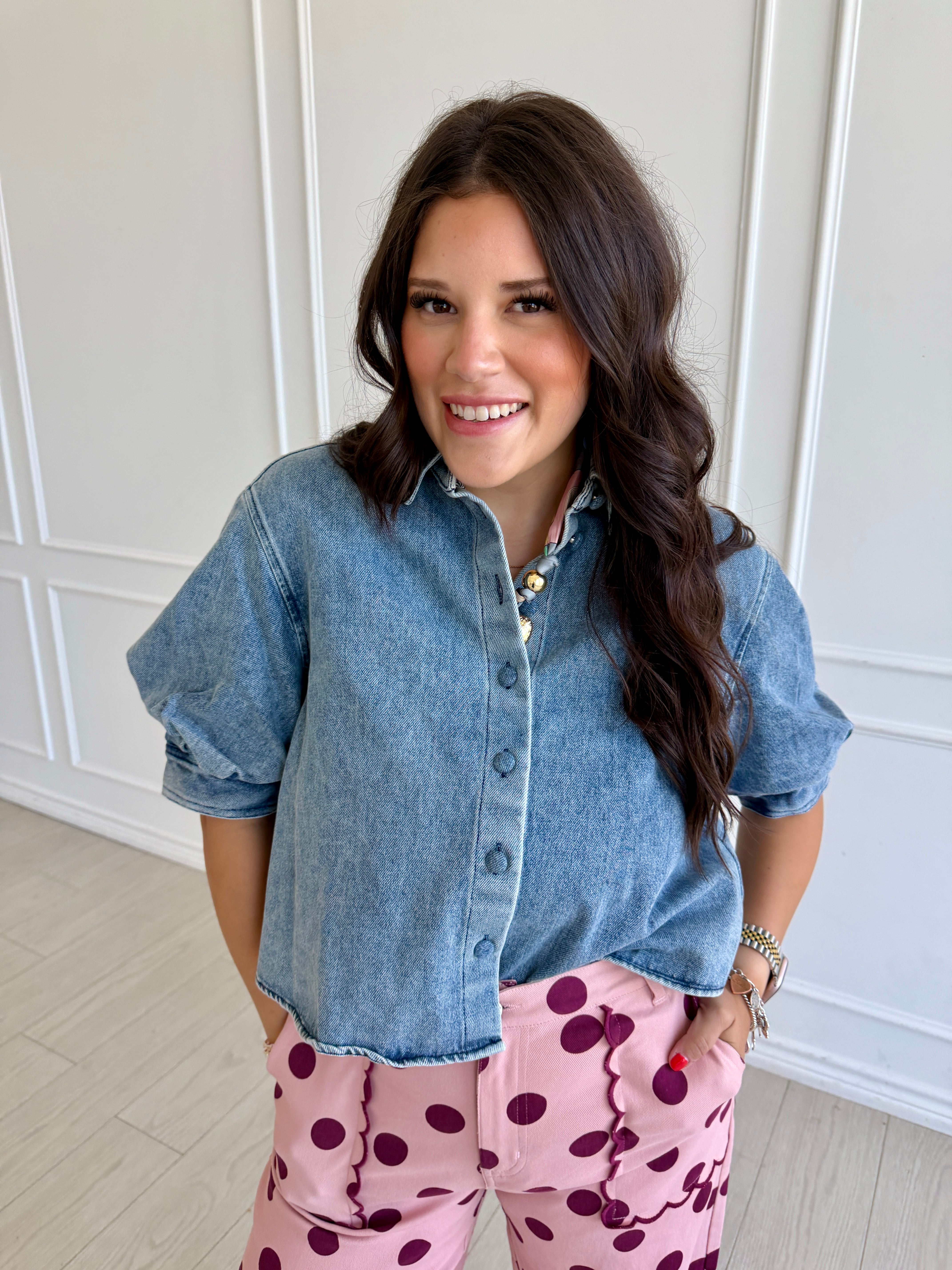 Denim Button Puff Top