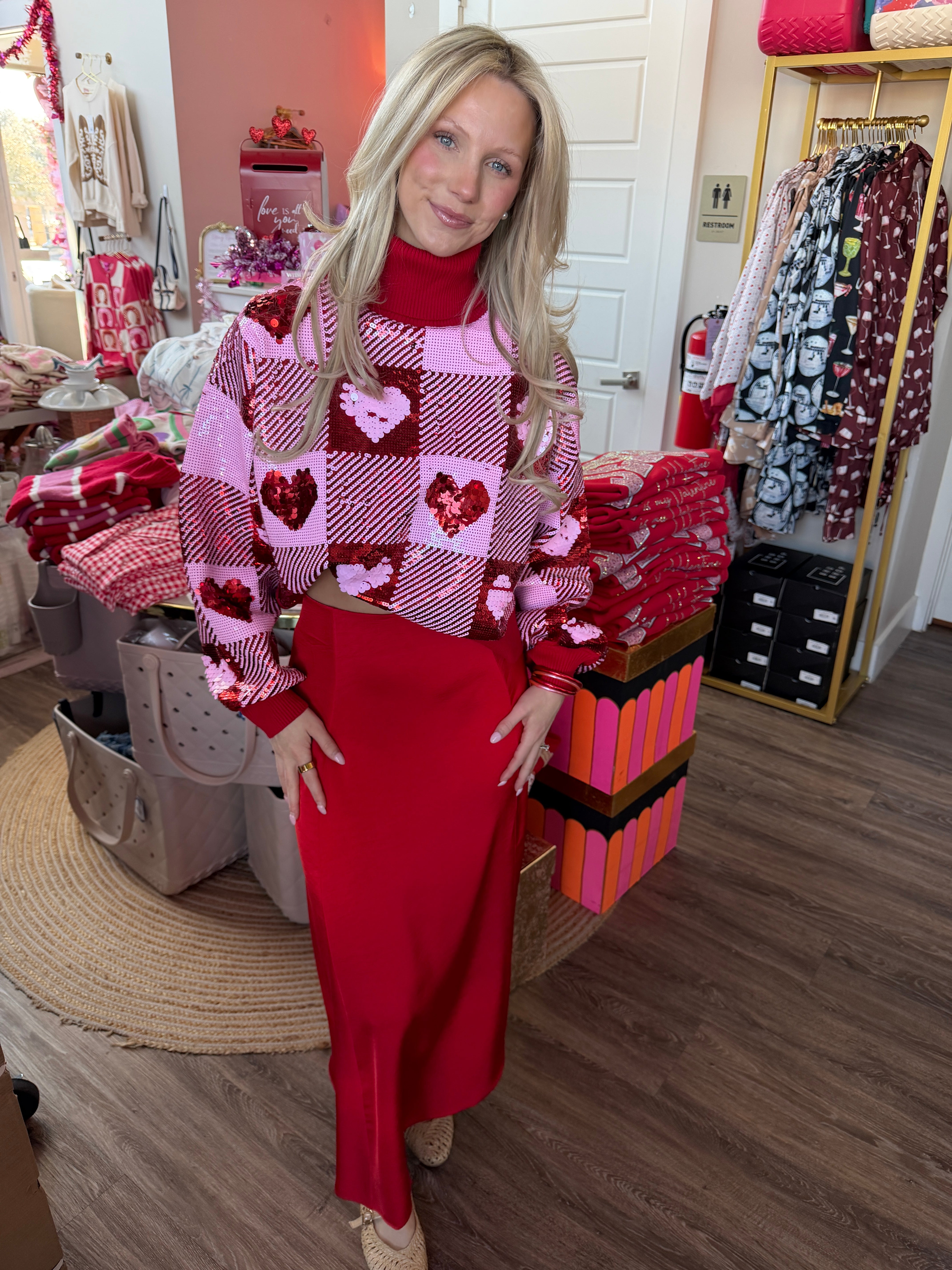 Sequin Hearts Plaid Sweater - Brianna Cannon