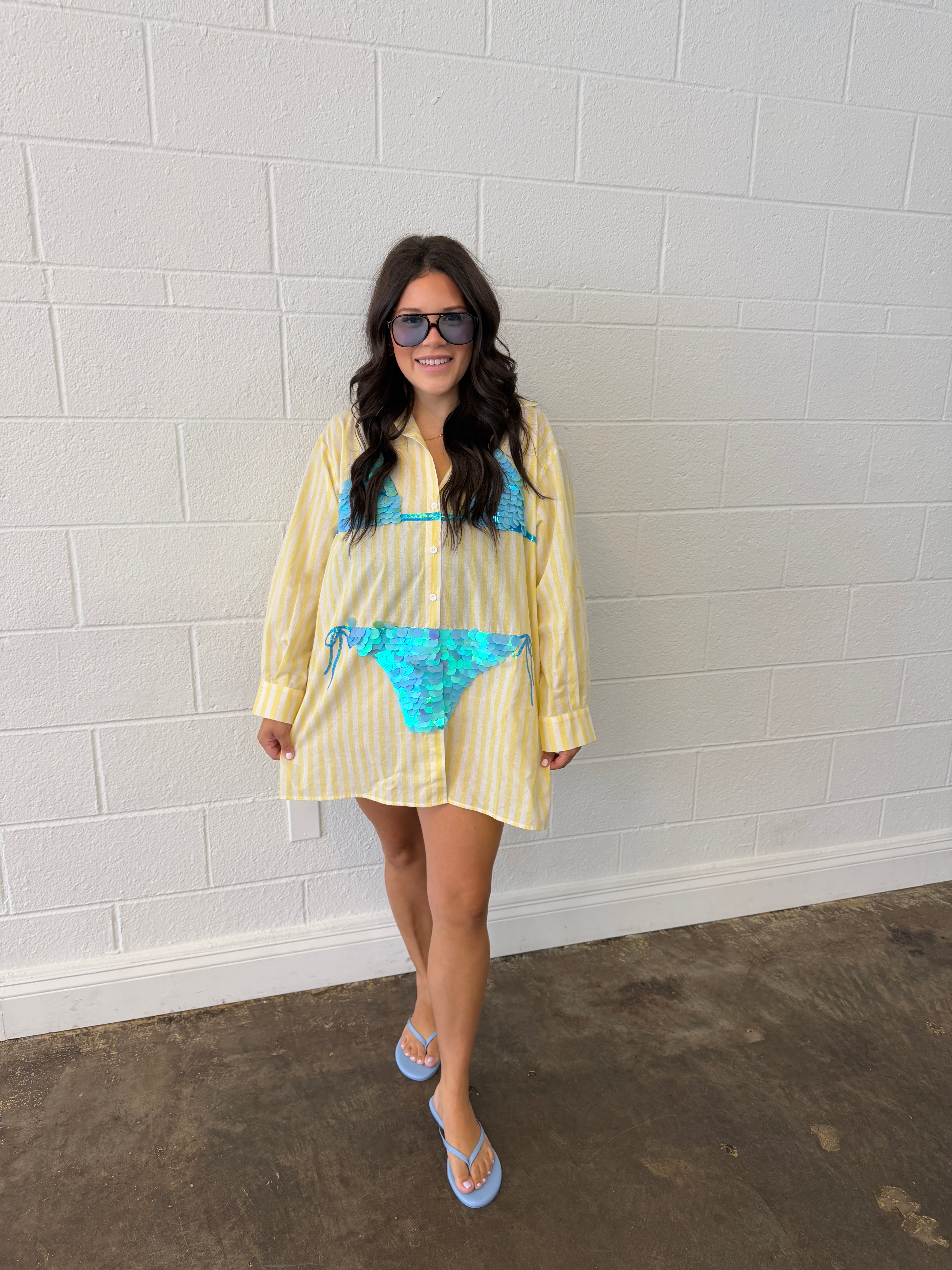 Yellow Striped Blue Paillette Bikini Tunic