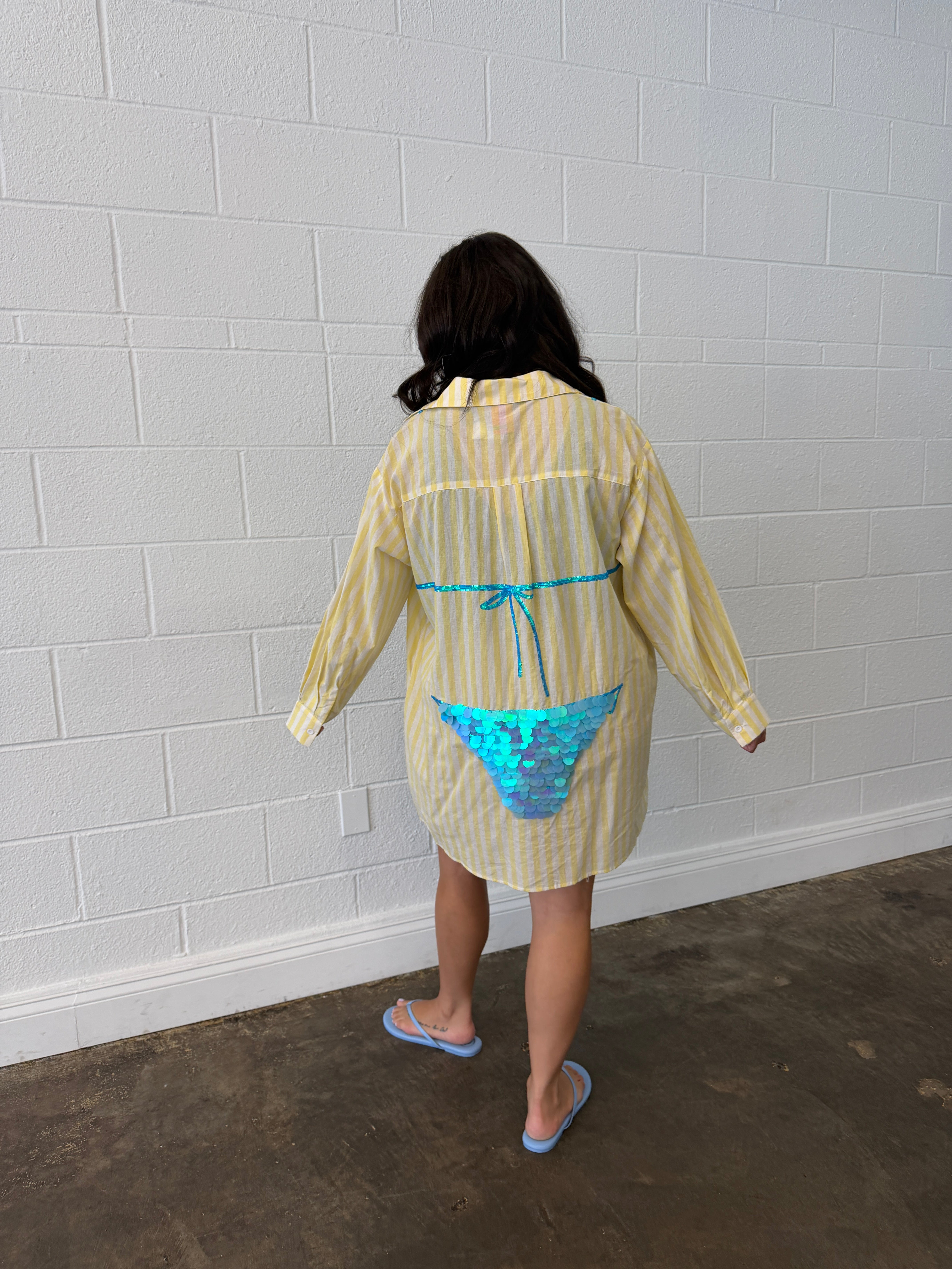 Yellow Striped Blue Paillette Bikini Tunic