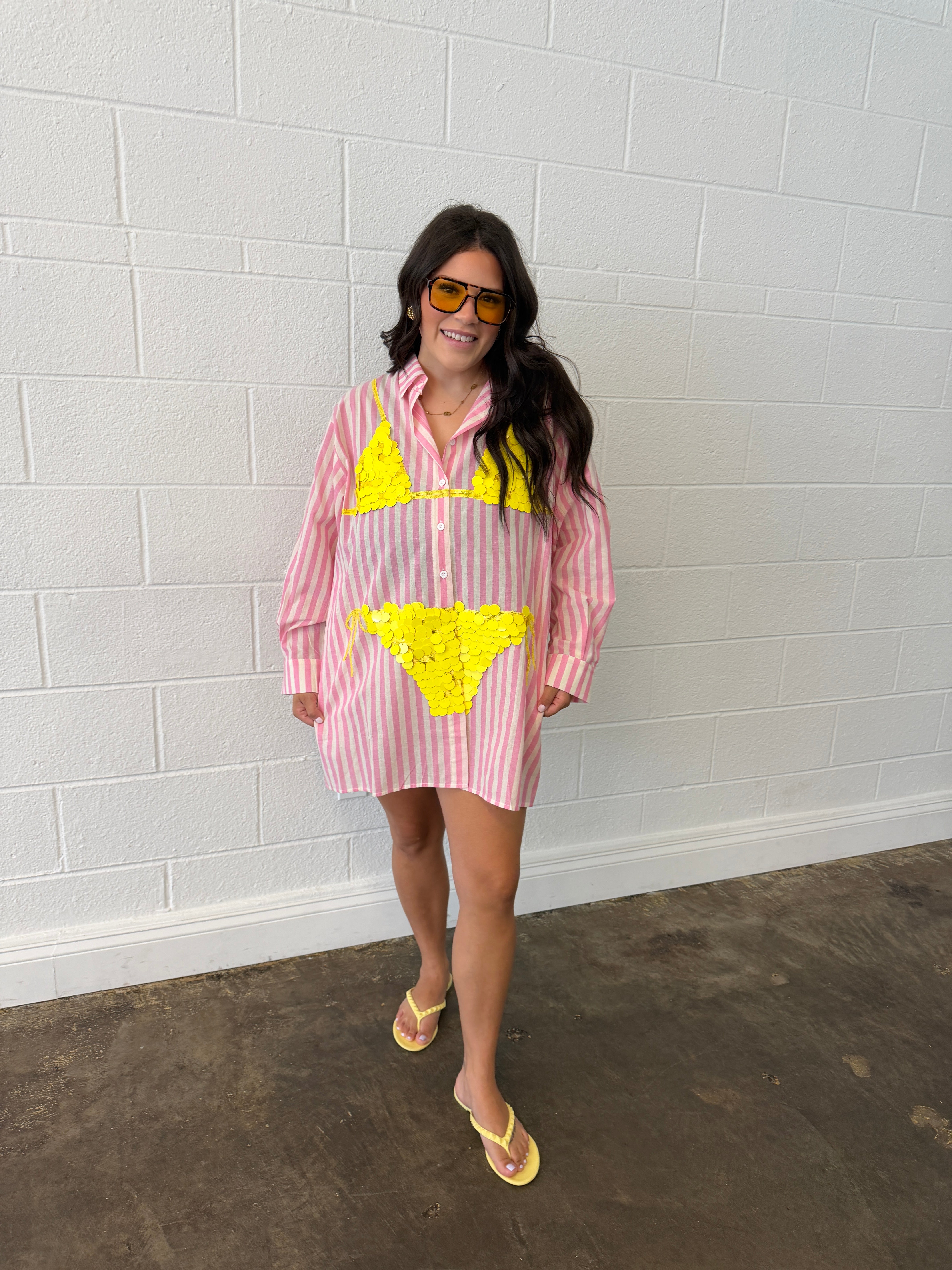 Pink Striped Yellow Paillette Bikini Tunic