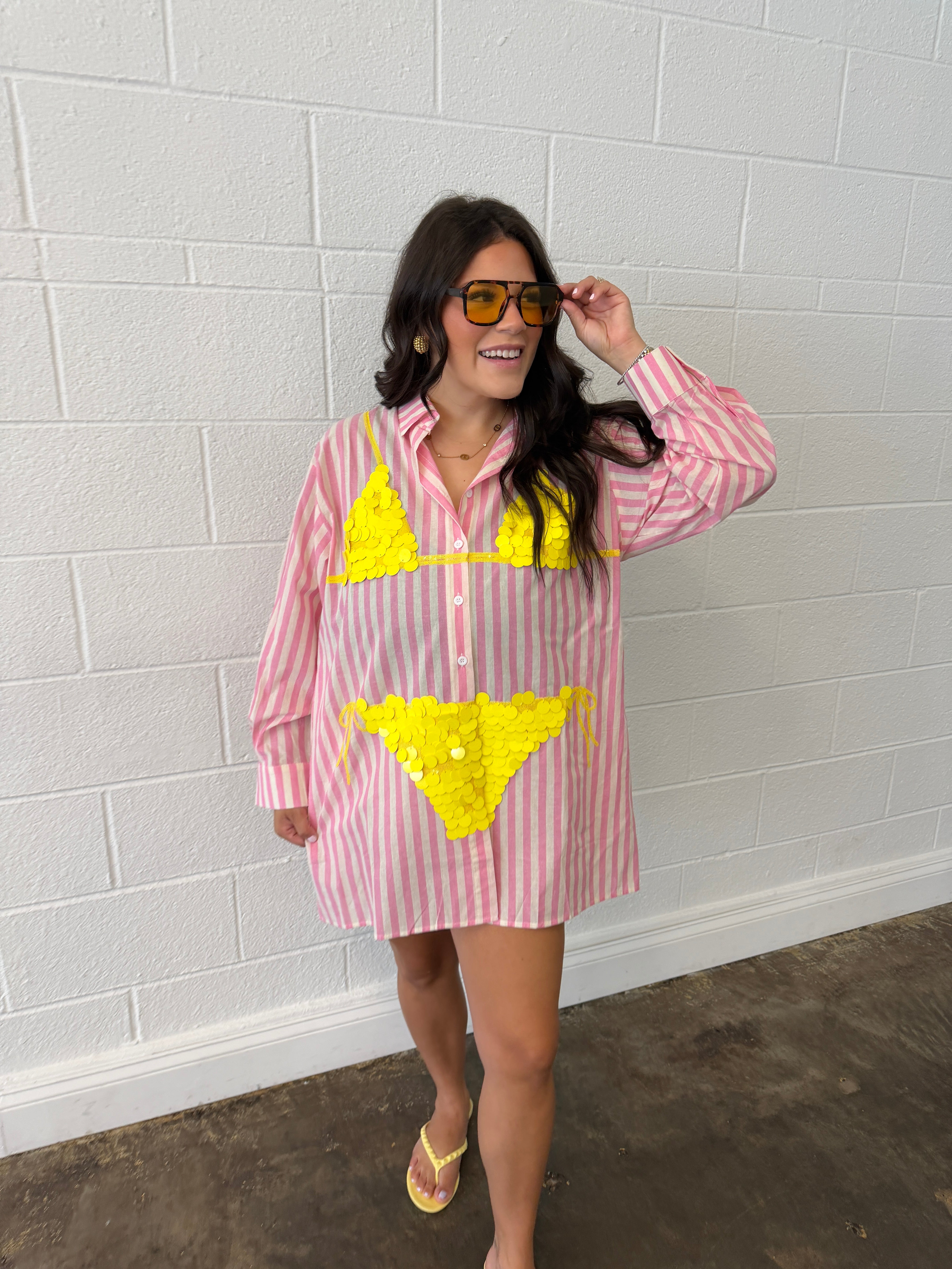 Pink Striped Yellow Paillette Bikini Tunic
