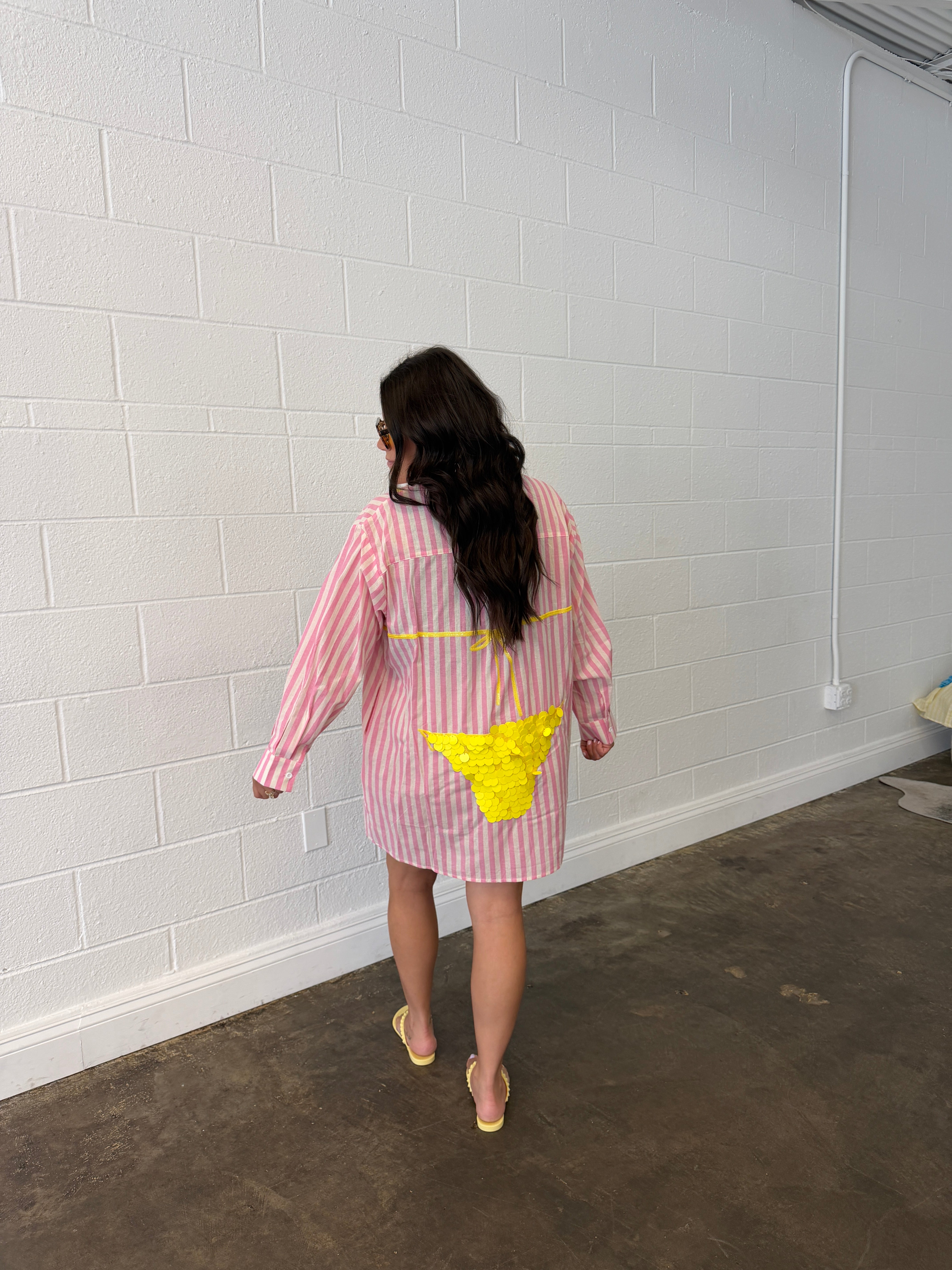 Pink Striped Yellow Paillette Bikini Tunic