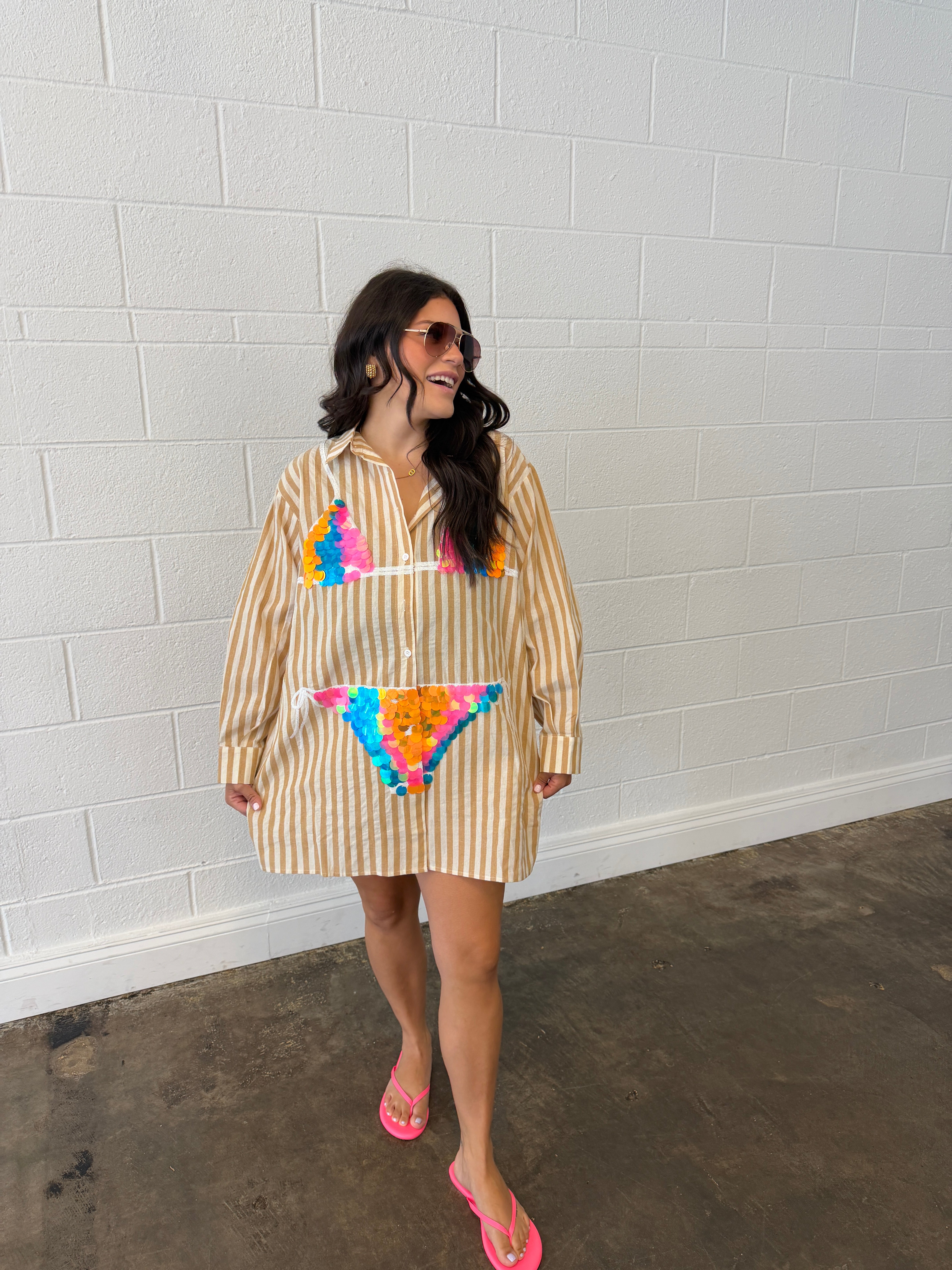 Tan Striped Multi Paillette Bikini Tunic