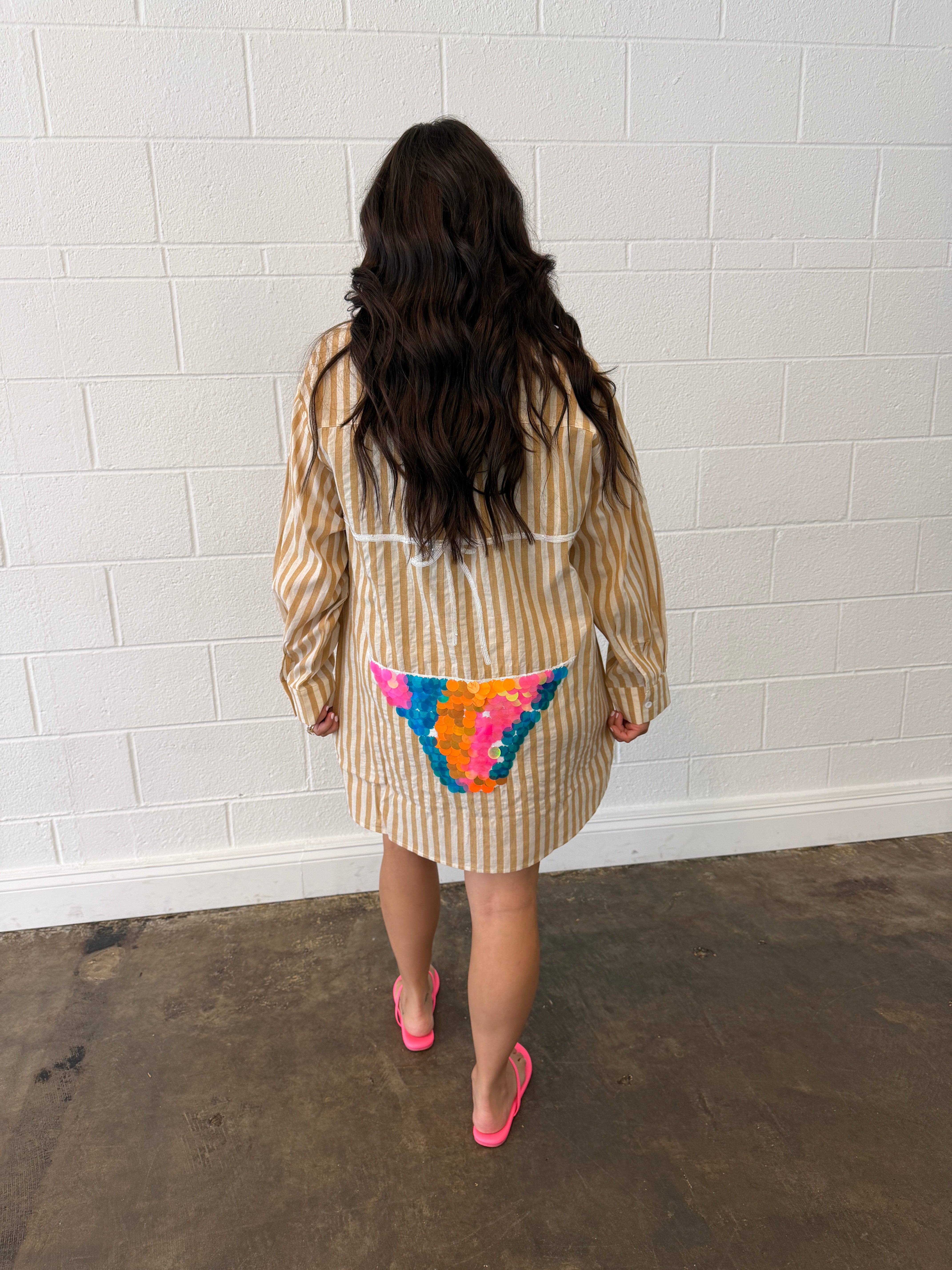 Tan Striped Multi Paillette Bikini Tunic