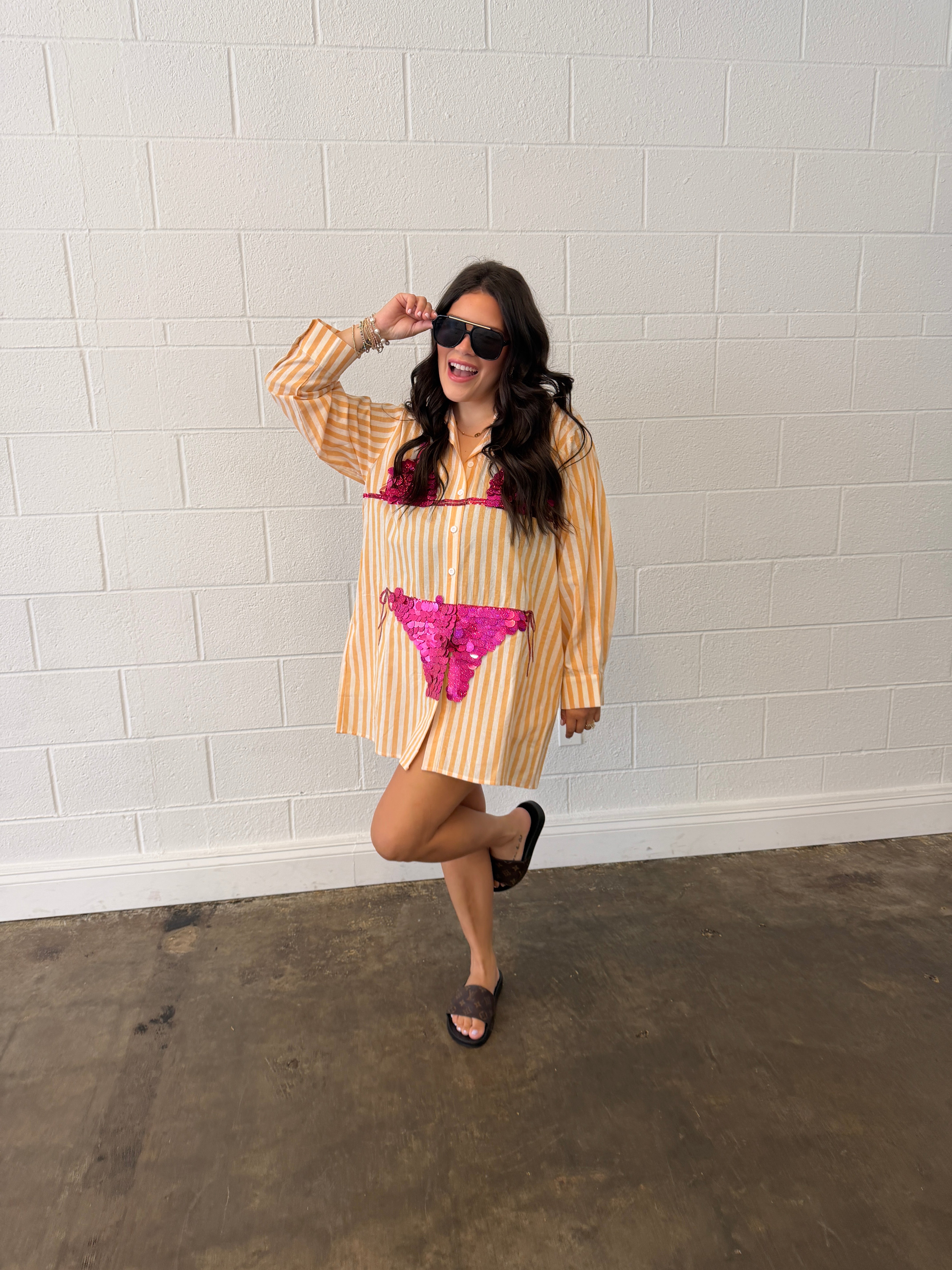 Orange Striped Pink Paillette Bikini Tunic- QOS