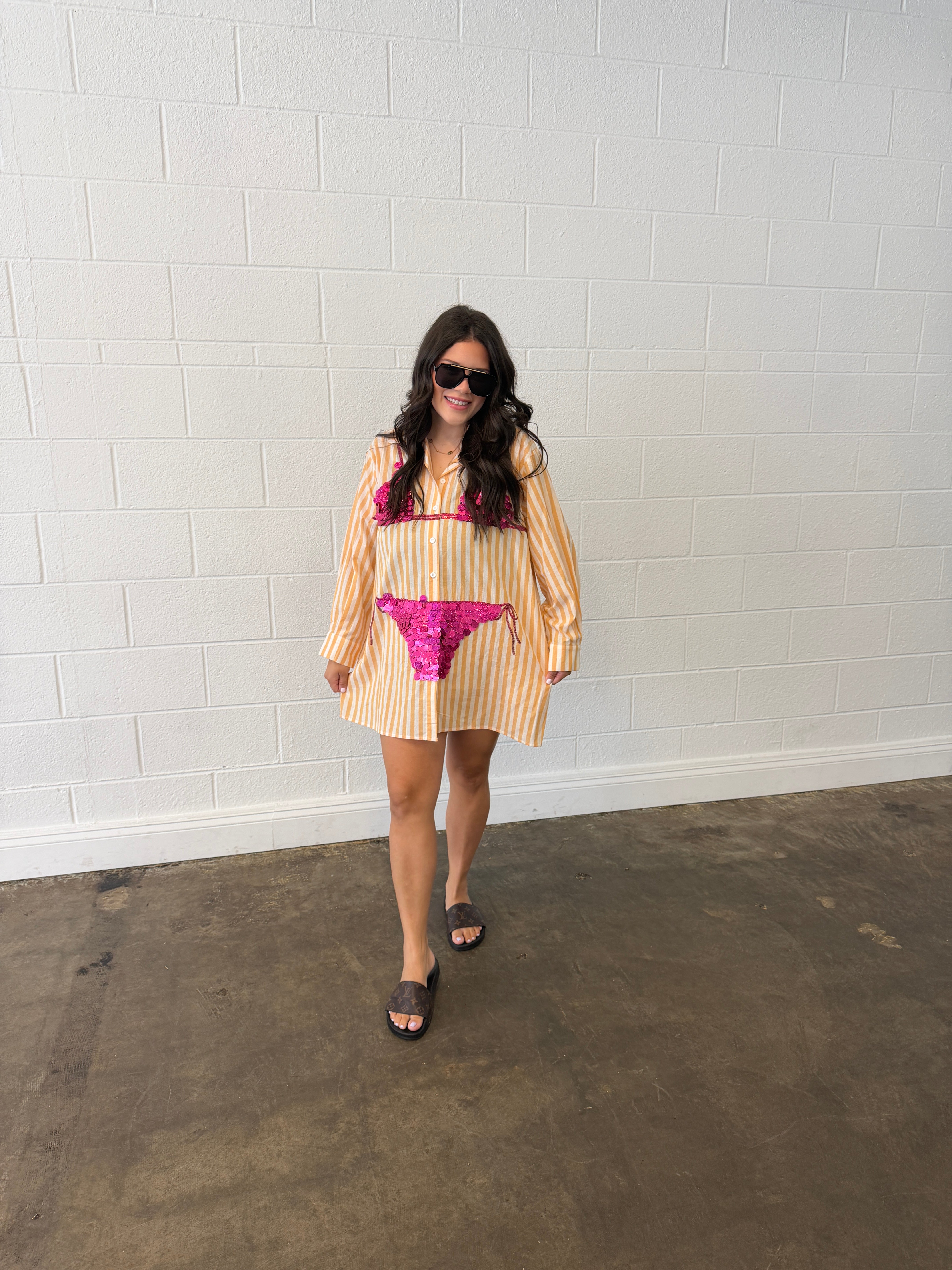 Orange Striped Pink Paillette Bikini Tunic- QOS