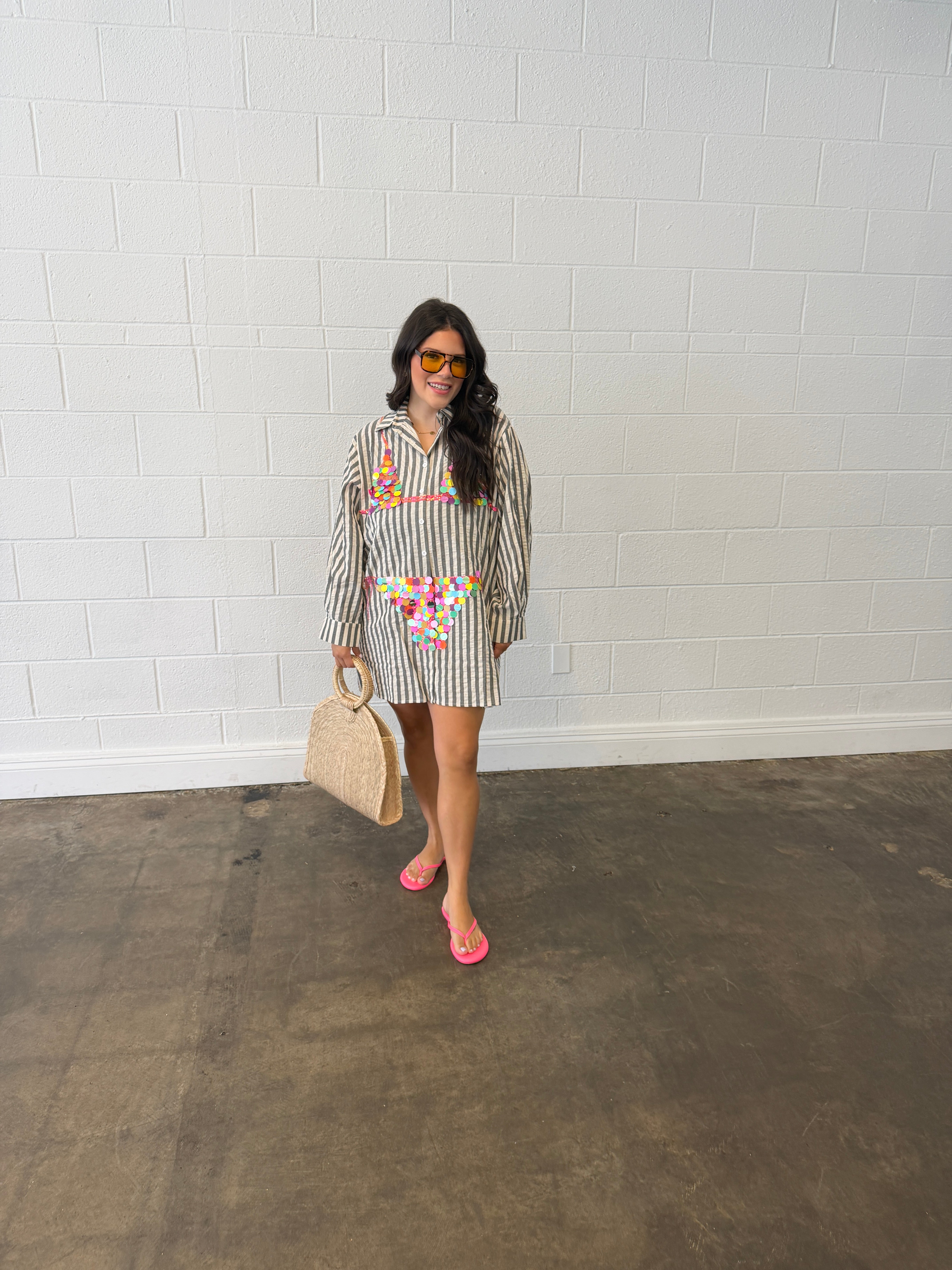Black Striped Multi Paillette Bikini Tunic