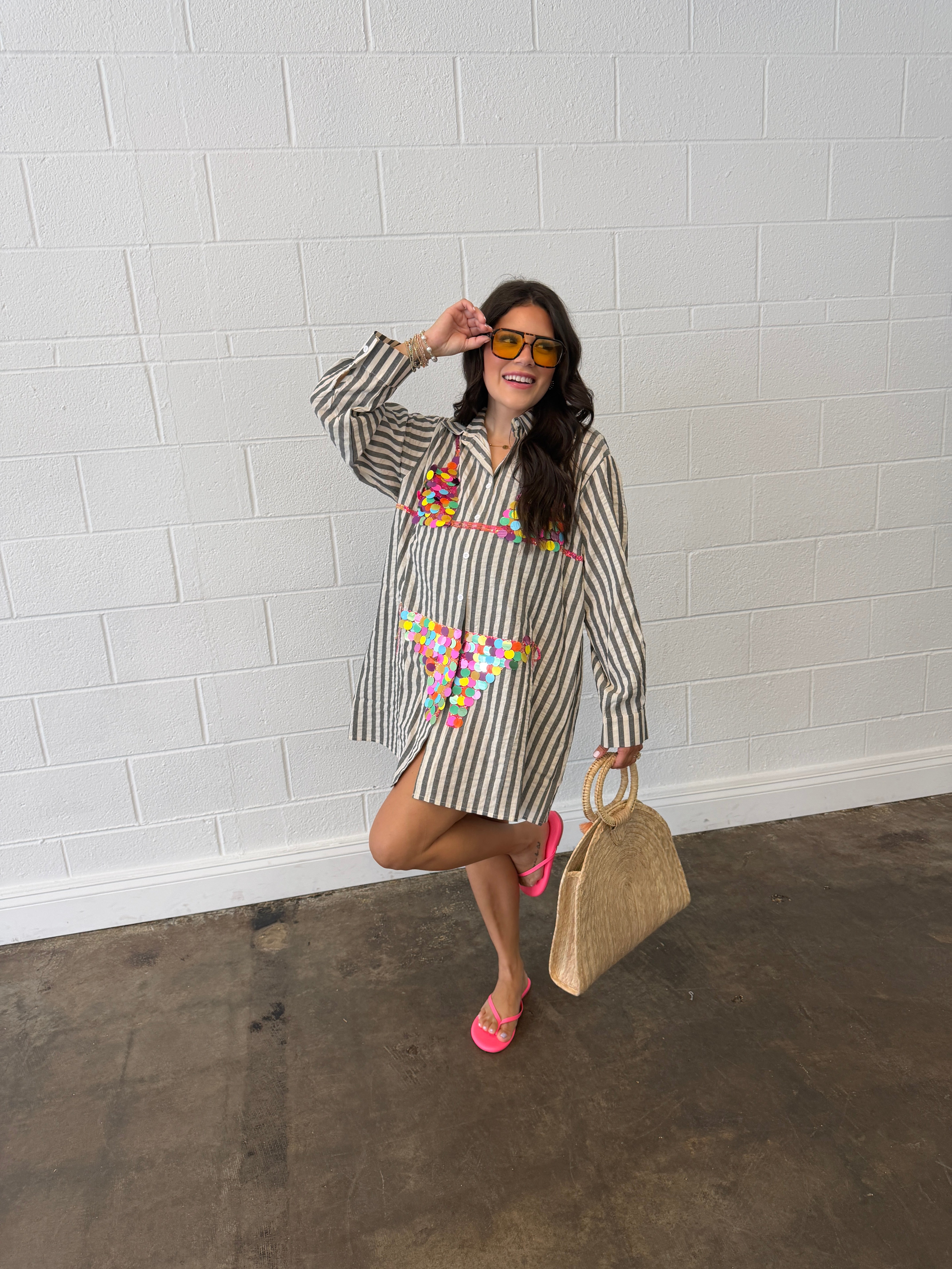 Black Striped Multi Paillette Bikini Tunic