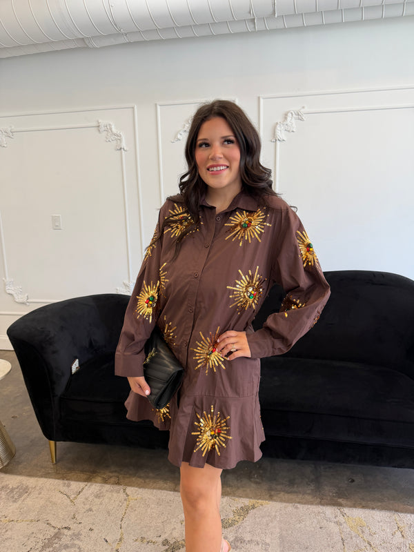 Brown Sunburst button Up Cotton Dress
