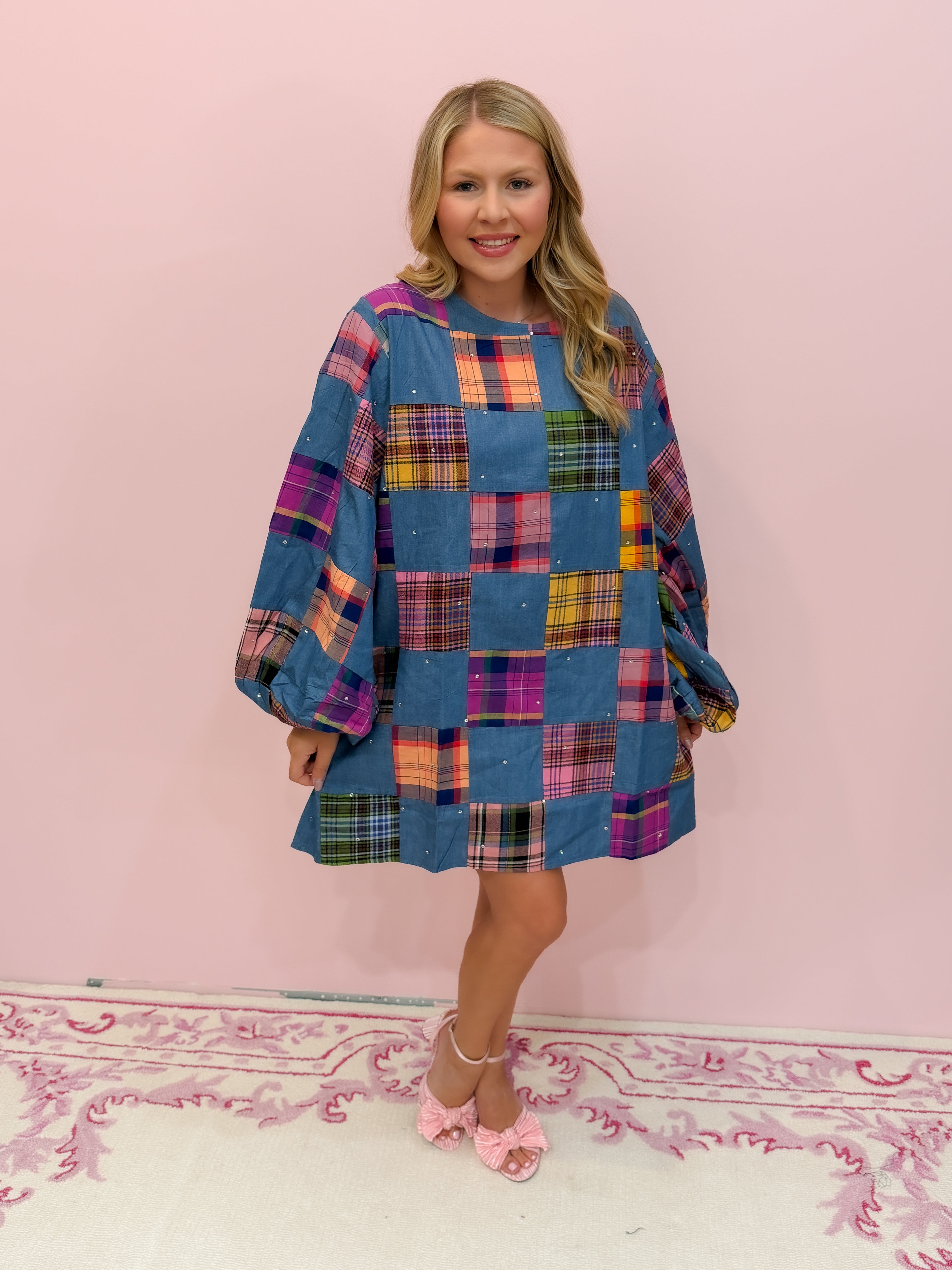Denim & Multi Plaid Checkered Bubble Sleeve Dress