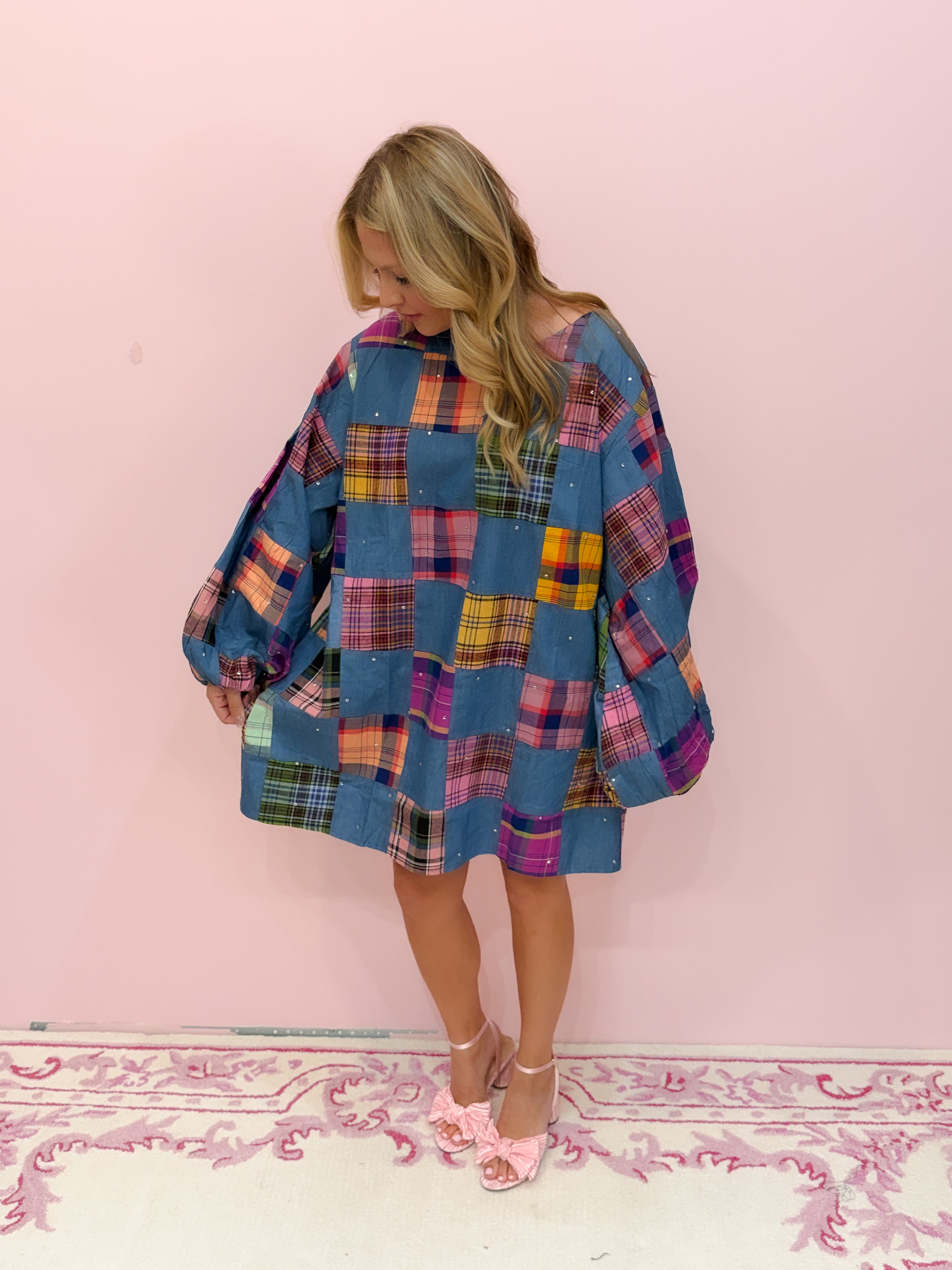 Denim & Multi Plaid Checkered Bubble Sleeve Dress