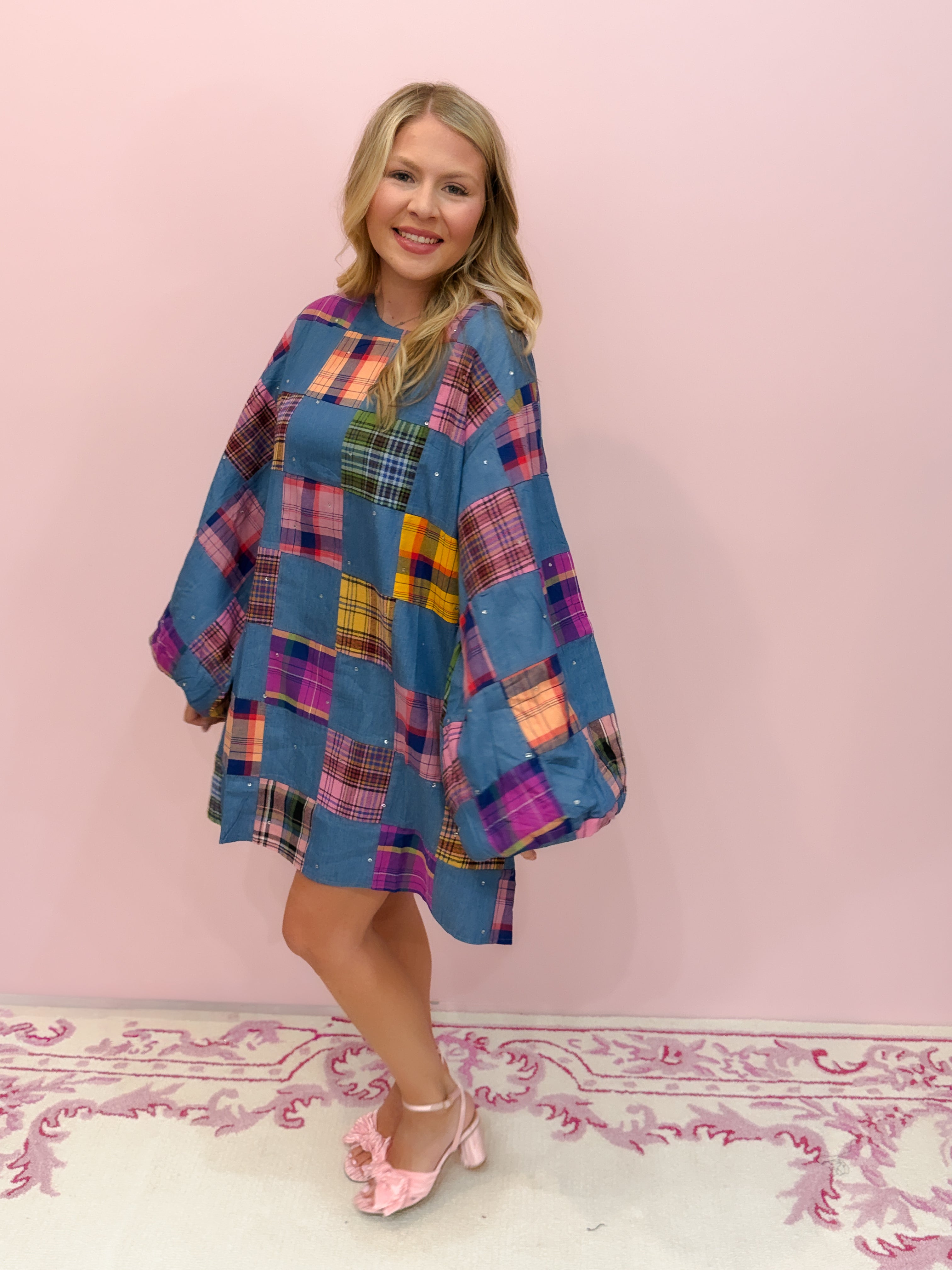 Denim & Multi Plaid Checkered Bubble Sleeve Dress