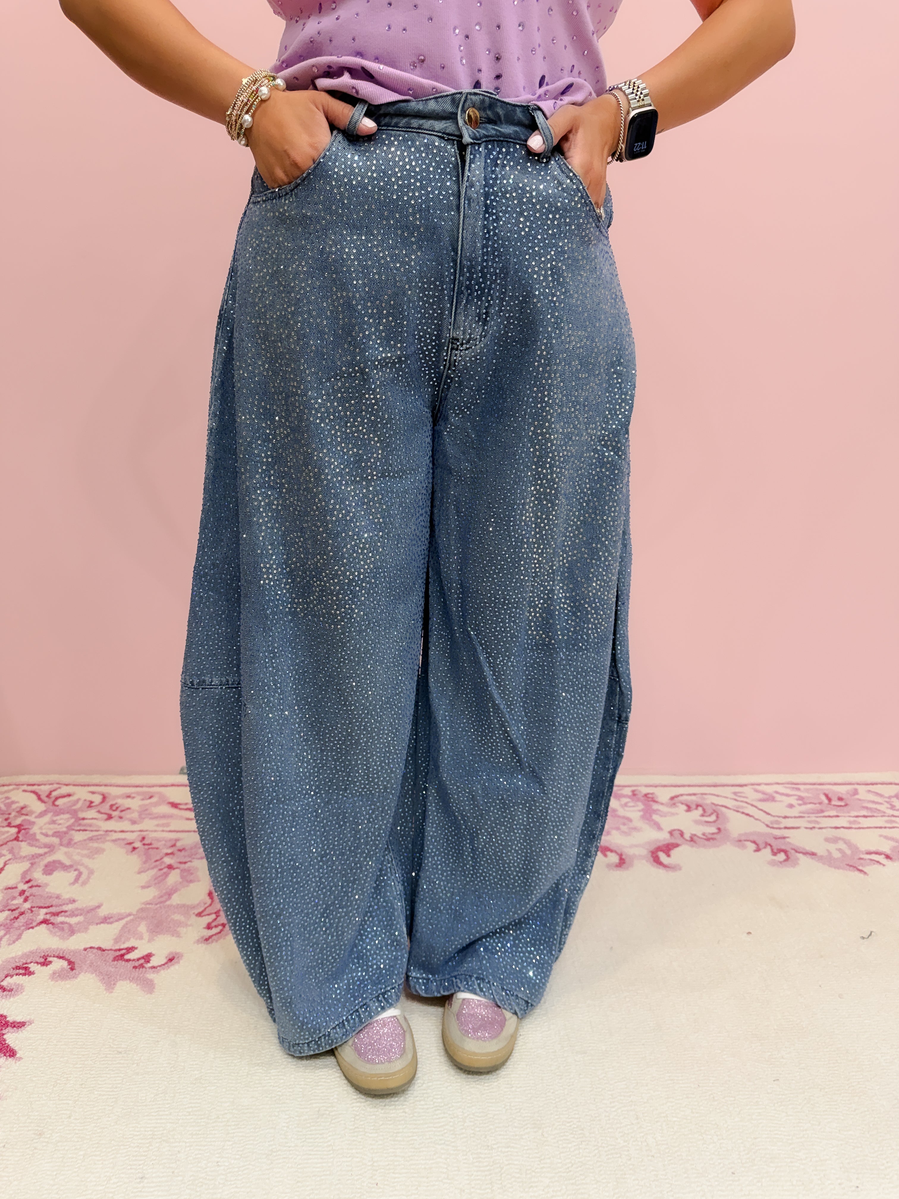 Denim Rhinestone Barrel Jeans