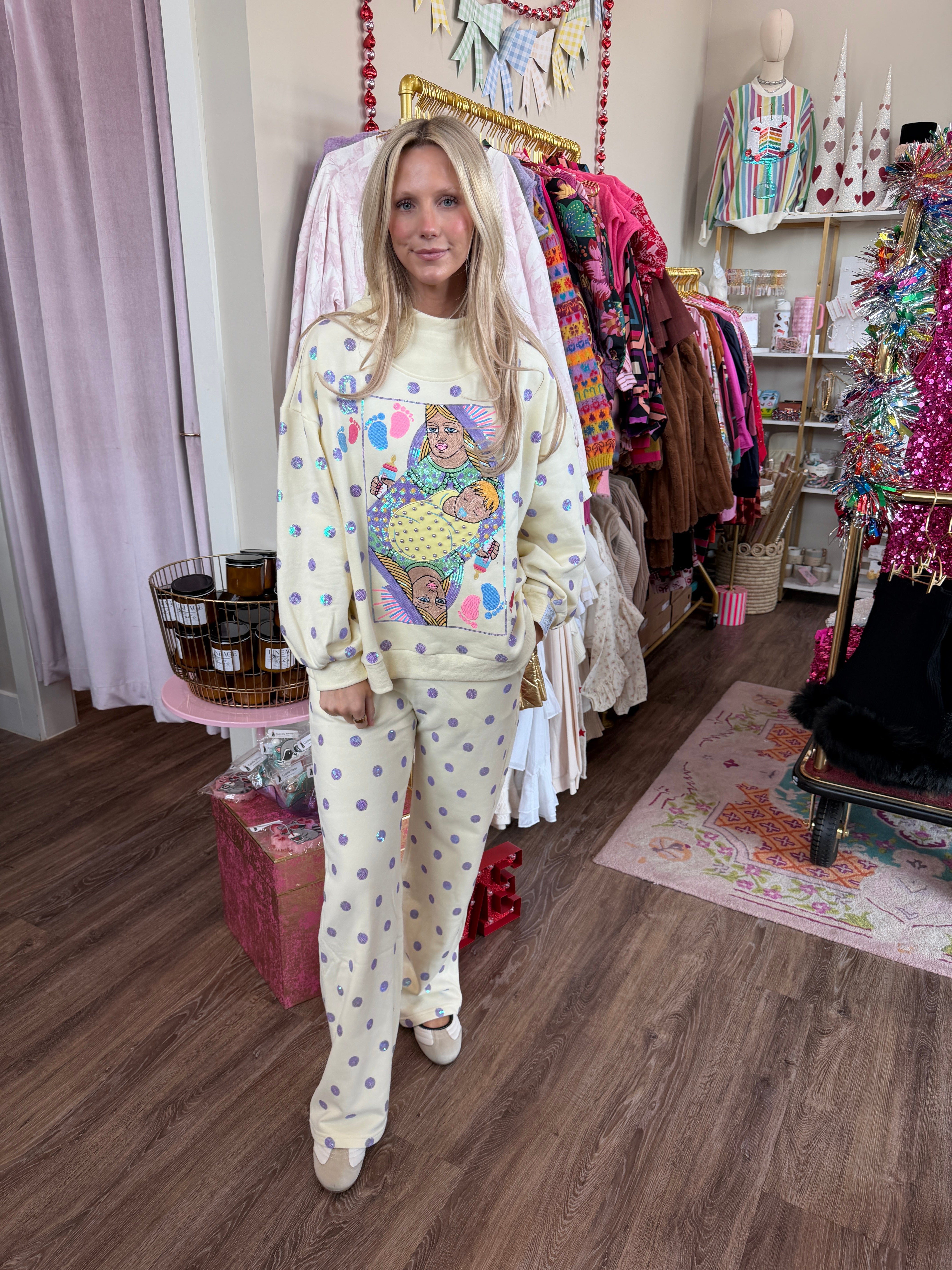 Beige & Lavender Polka Dot Sparkle Logo Sweatshirt- QOS