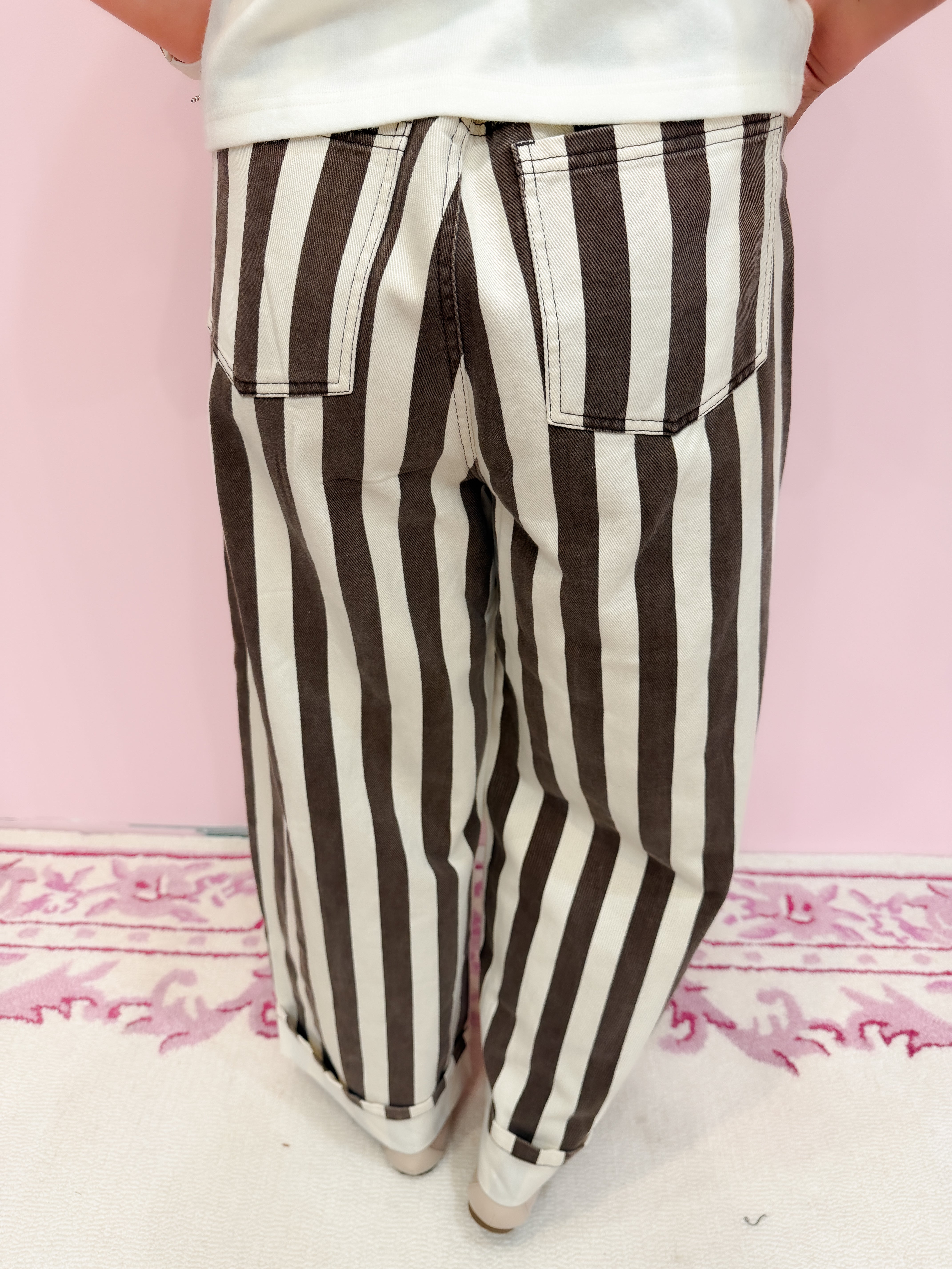 Striped rolled up barrel printed jeans