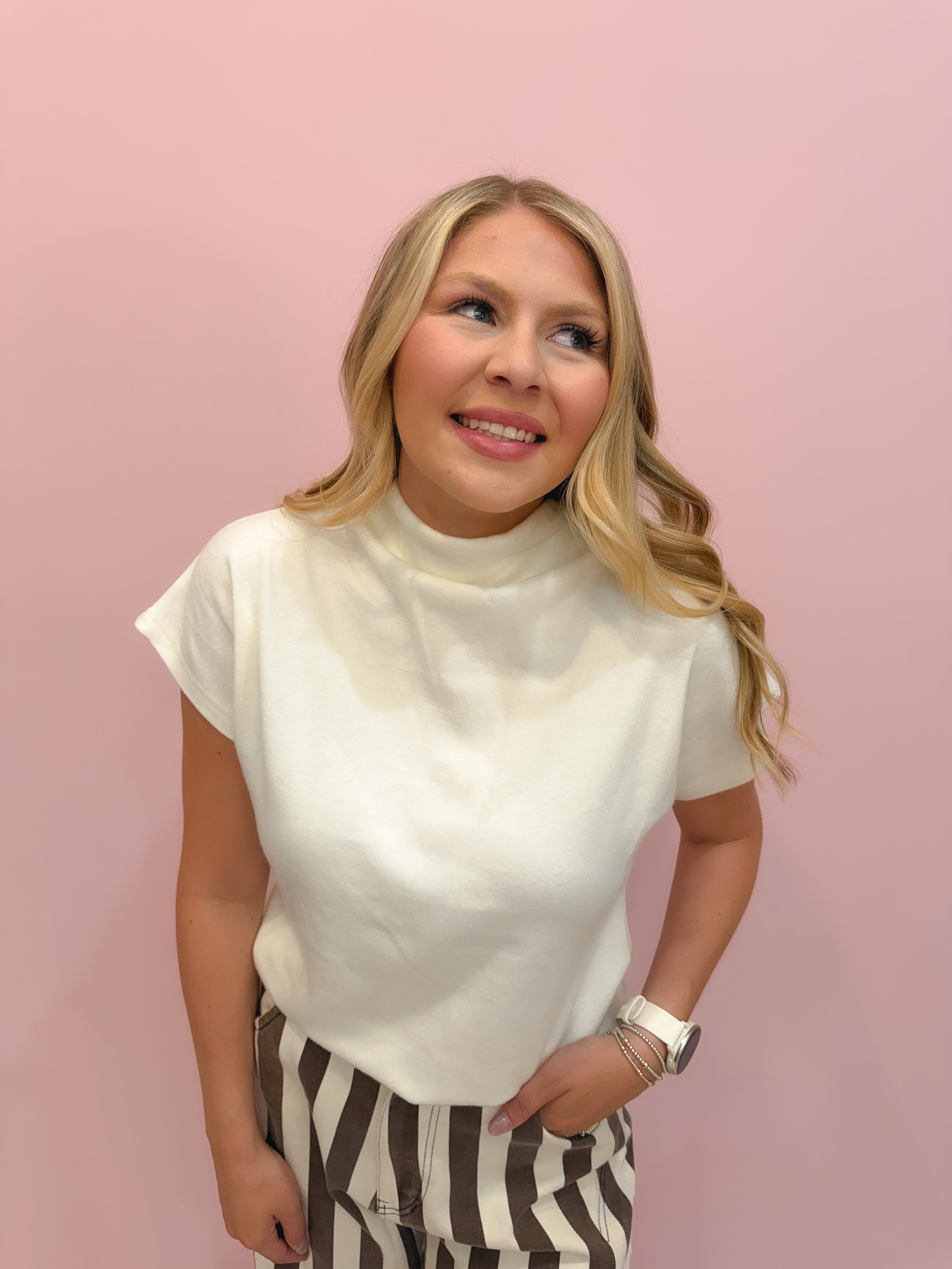 Mock-neck cap sleeve top