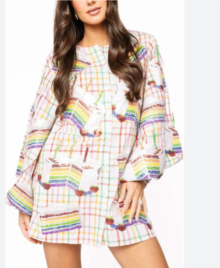 Rainbow Plaid Birthday Cake Button up Dress - Queen Of Sparkles