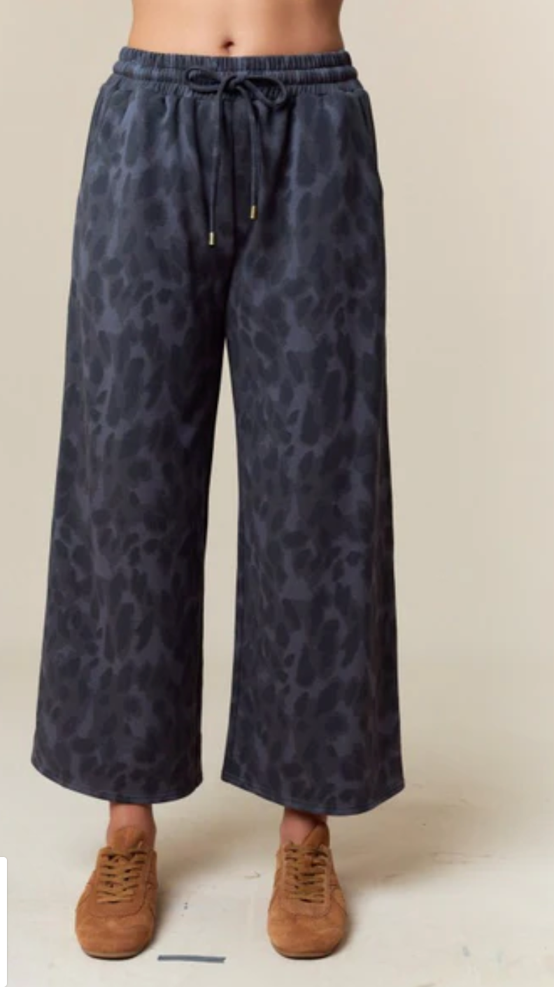 Leopard Printed French Terry Track Pants - Charcoal