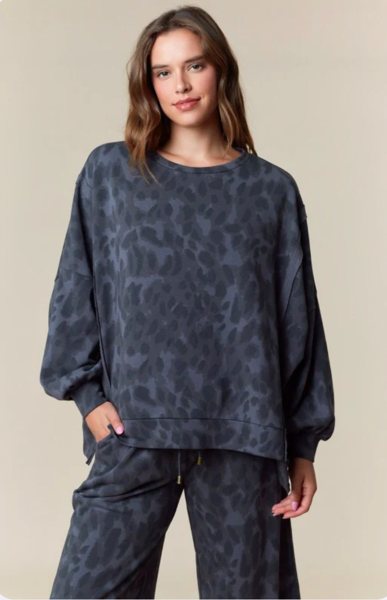 Leopard Print Washed French Terry Pullover - Charcoal