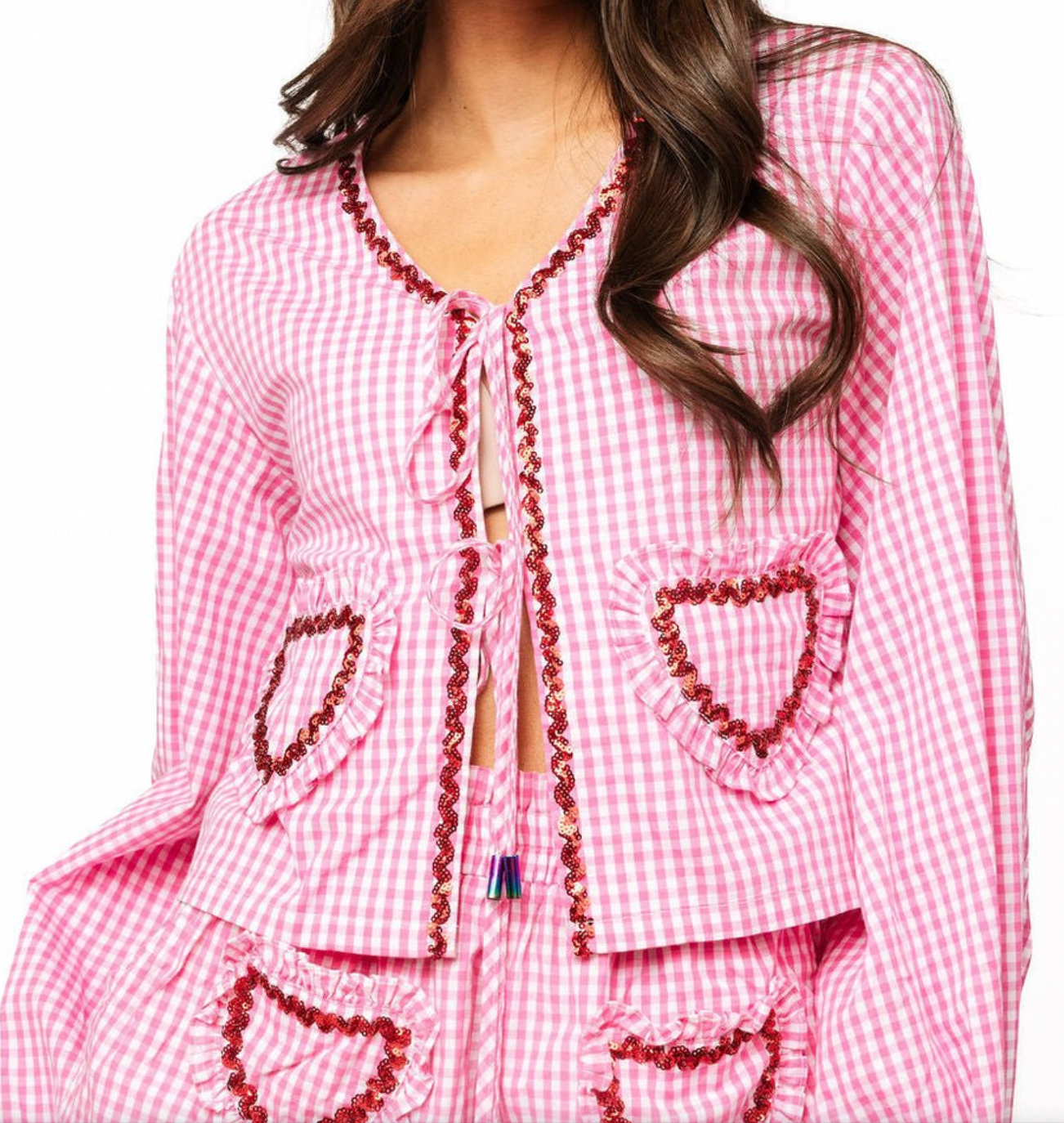 Pink & White Gingham Ruffle Heart Pocket Tie Up Top- Queen Of Sparkles