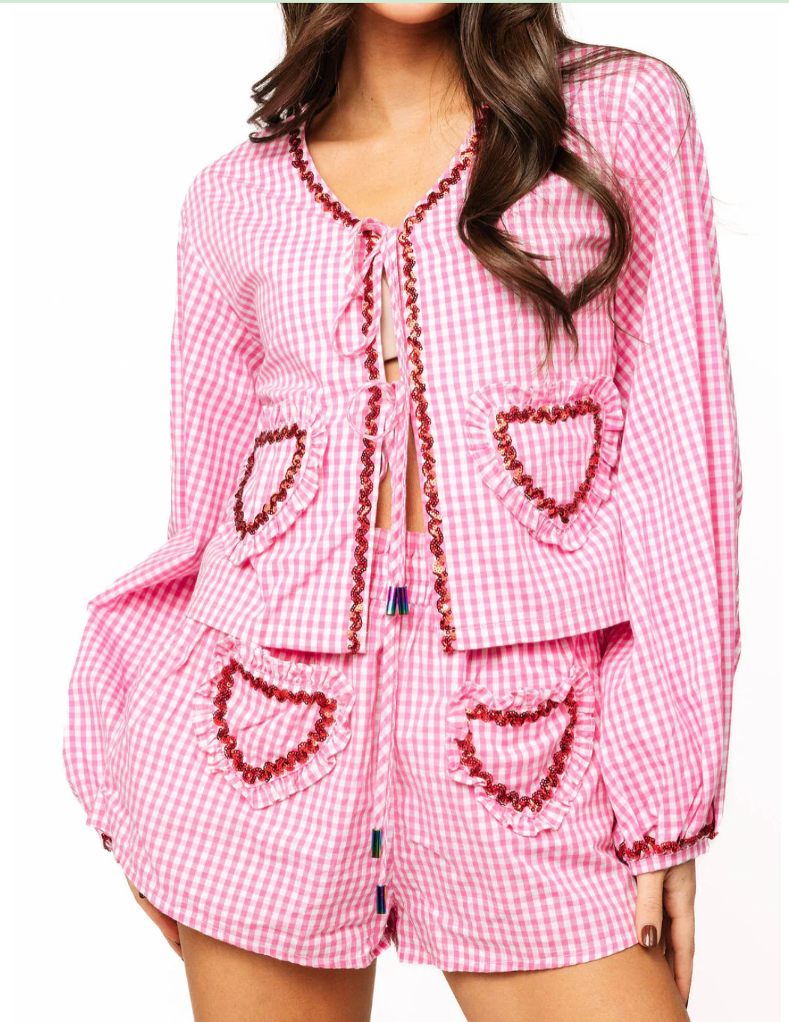 Pink & White Gingham Ruffle Heart Pocket Short - Queen Of Sparkles