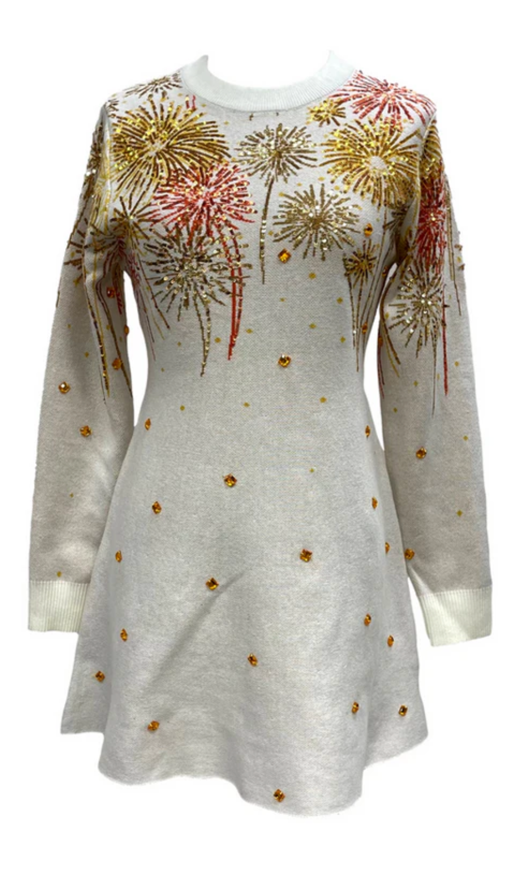 White, Gold & Rose Gold Firework Jeweled Sweater Dress - Queen Of Sparkles