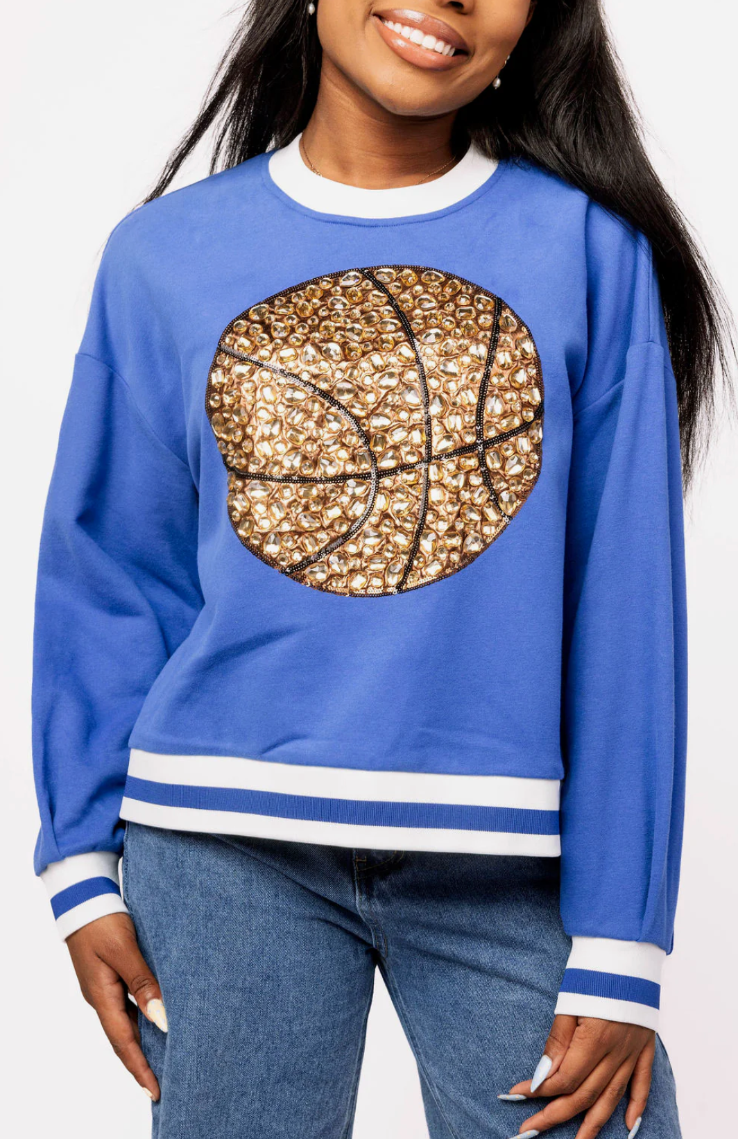 Royal Blue Jeweled Basketball Sweatshirt - Queen Of Sparkles