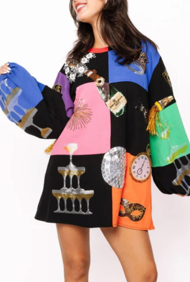 Multi Checkered NYE Icon Bubble Sleeve Dress - Queen Of Sparkles