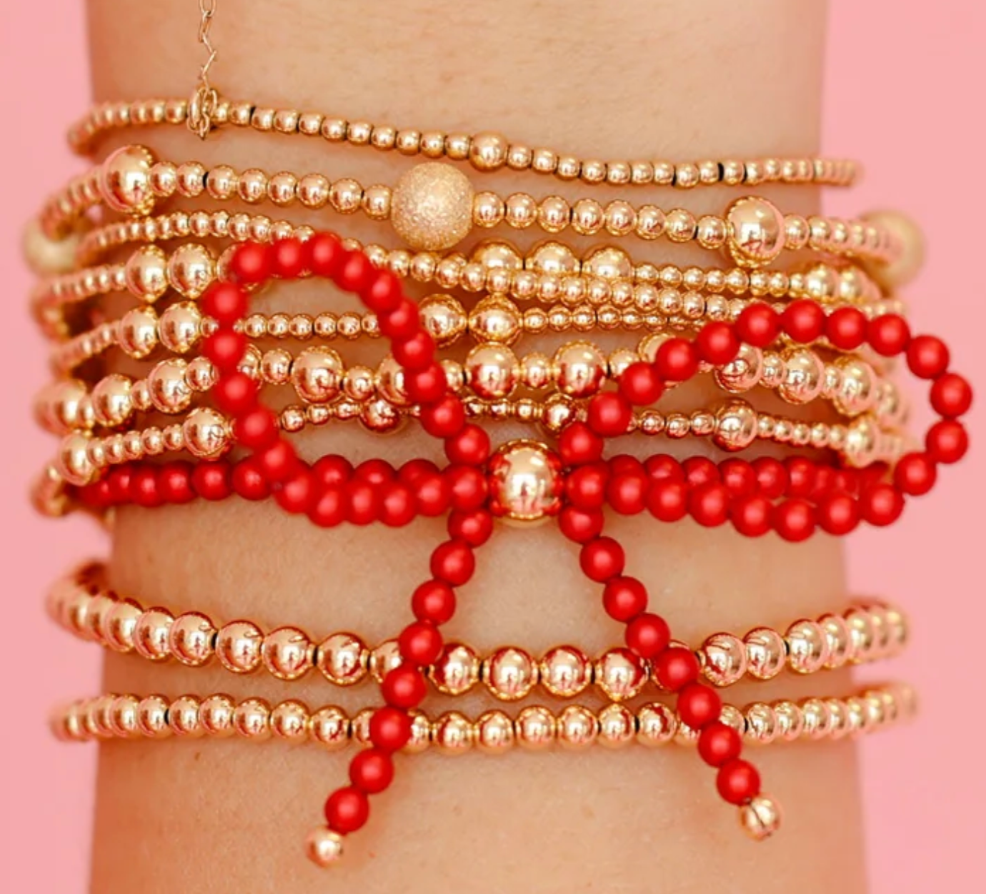 Red Pearl Beaded Bow Bracelet - Beaded Blondes