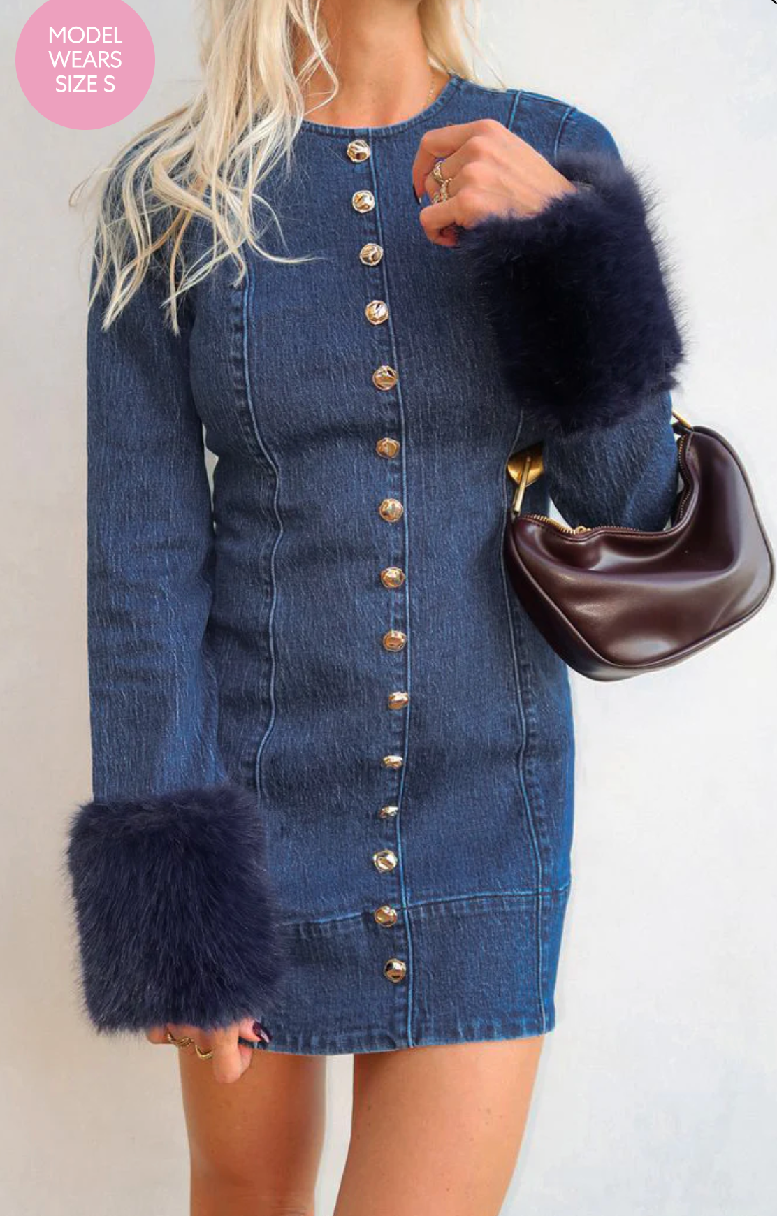 Rockefeller Mini Dress Subzero Indigo with Faux Fur- Show Me Your Mumu