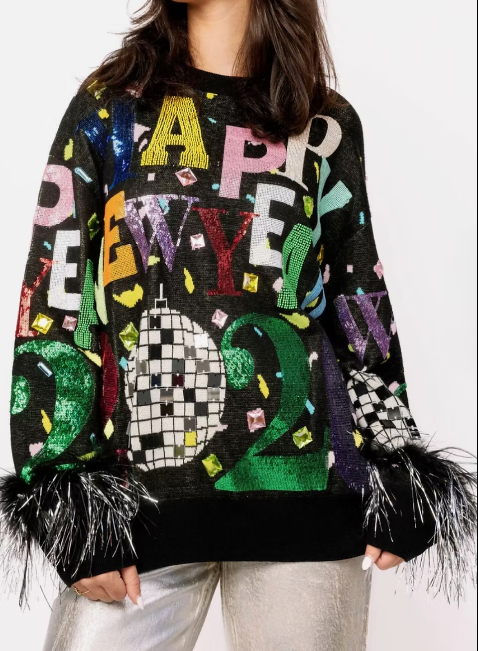 Black Multi Happy New year 2026 feather sleeve-QOS