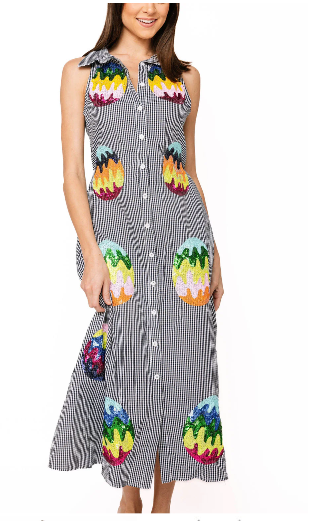 Black & White Gingham Groovy Easter Egg Button Up Cotton Midi Dress- QOS