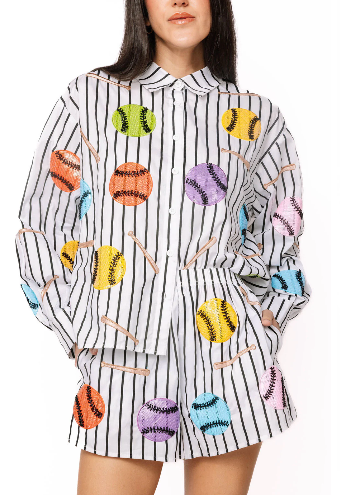 Black & White Multi Baseballs & Bats Button Up Cotton Long Sleeve Top- QOS