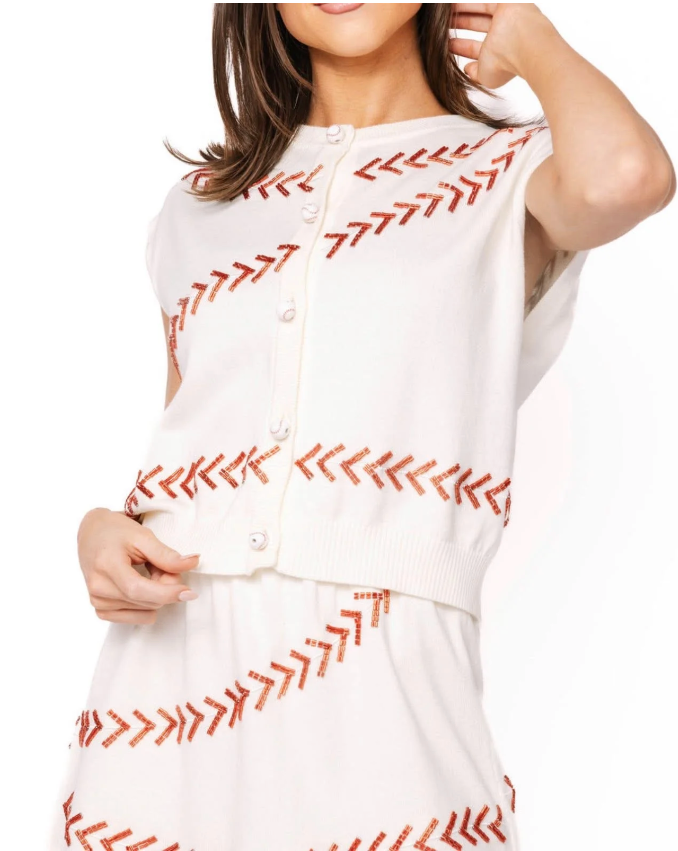 White & Red Beaded Baseball Stitch Button Up Vest- QOS