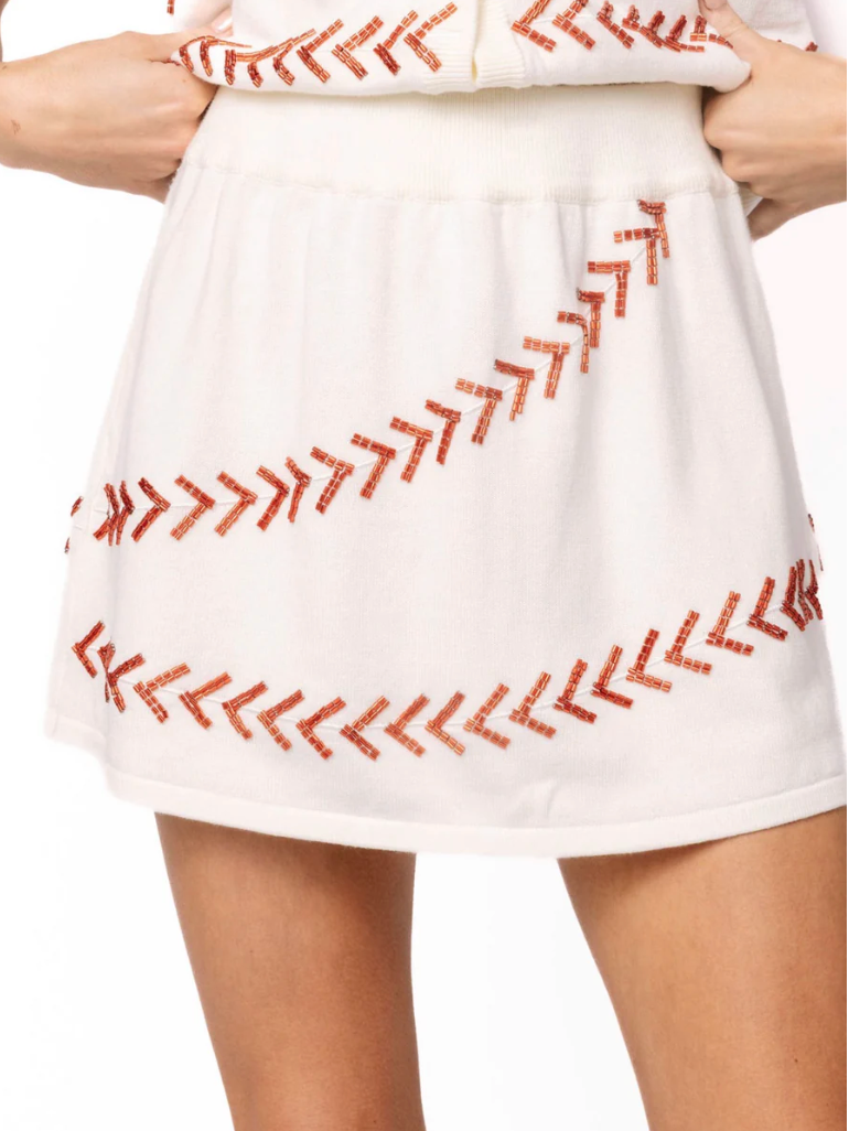 White & Red Beaded Baseball Stitch Knit Skirt- QOS