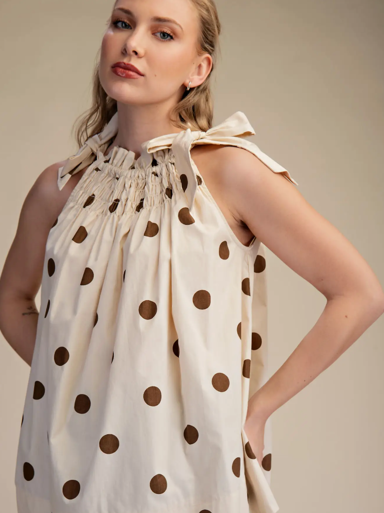 Tie Strap Smocked Polka Dot Top
