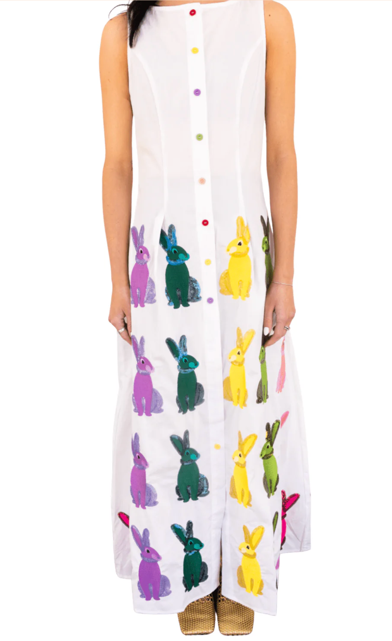 White Multi Easter Bunny Button Up Cotton Midi Dress- QOS